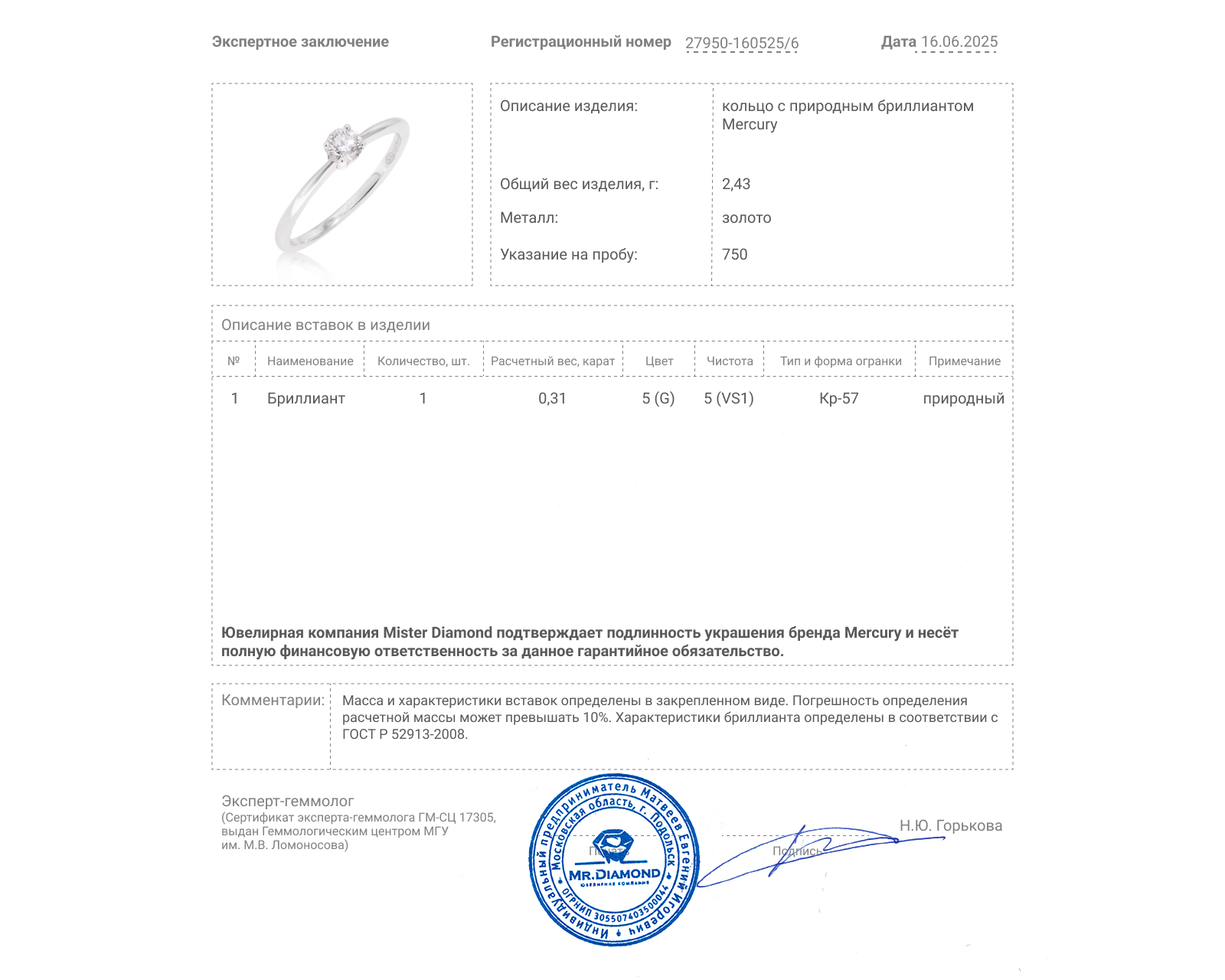 Оригинальное золотое кольцо с бриллиантом 0.31ct Mercury