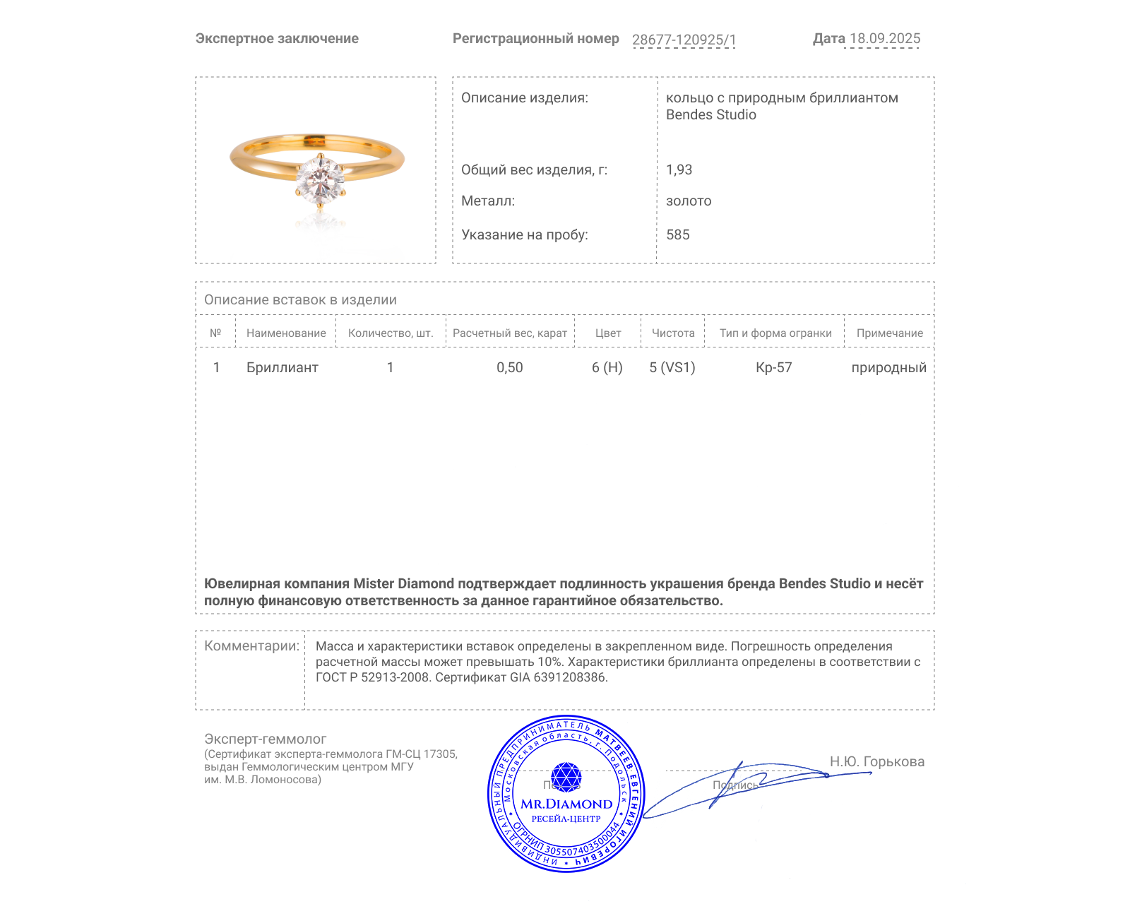 Оригинальное золотое кольцо с бриллиантом 0.50ct Bendes Studio