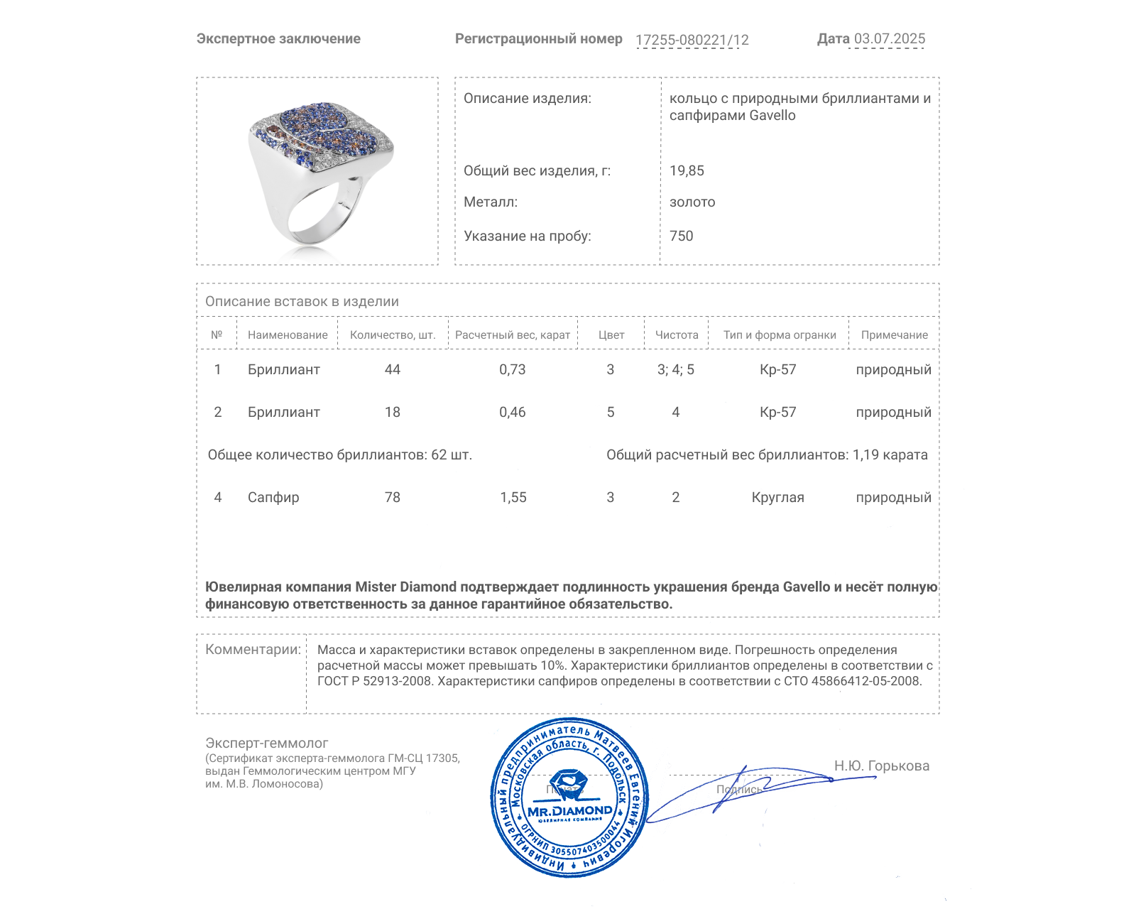 Оригинальное золотое кольцо с сапфирами 1.55ct Gavello