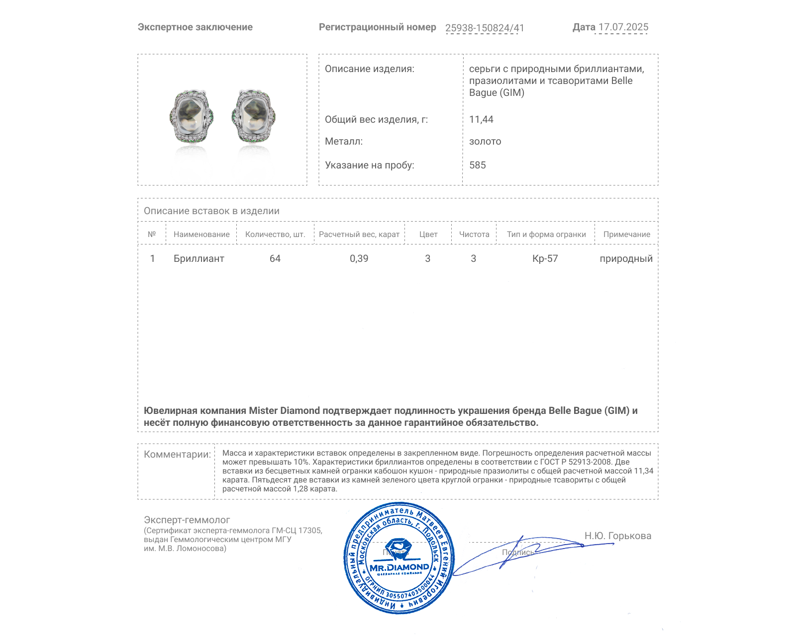 Оригинальные золотые серьги с празиолитами 11.34ct Belle Bague (GIM)