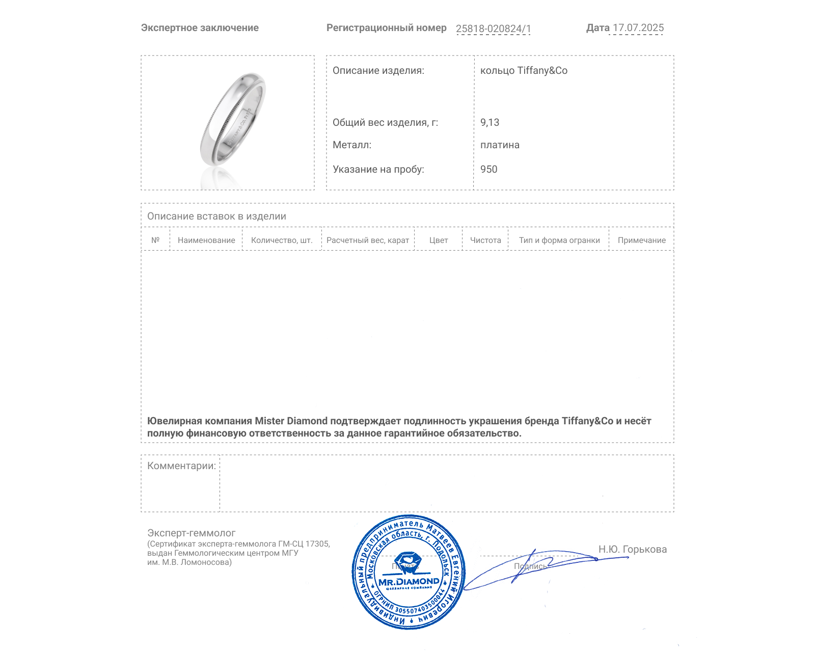 Оригинальное платиновое кольцо Tiffany&Co Milgrain
