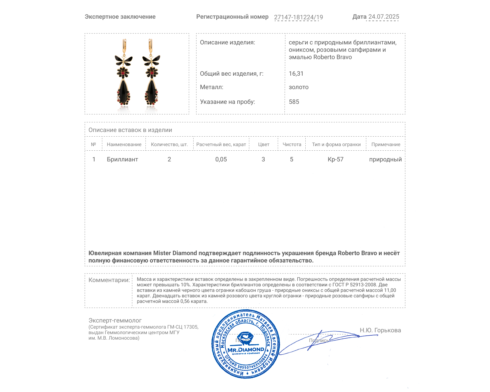 Оригинальные золотые серьги Roberto Bravo Black Magic