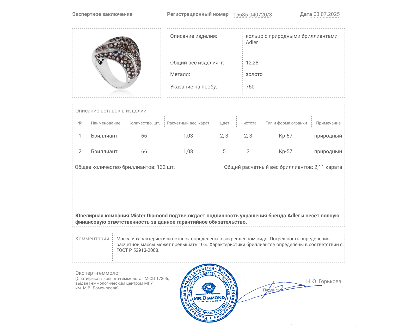 Оригинальное золотое кольцо с бриллиантами 2.11ct Adler