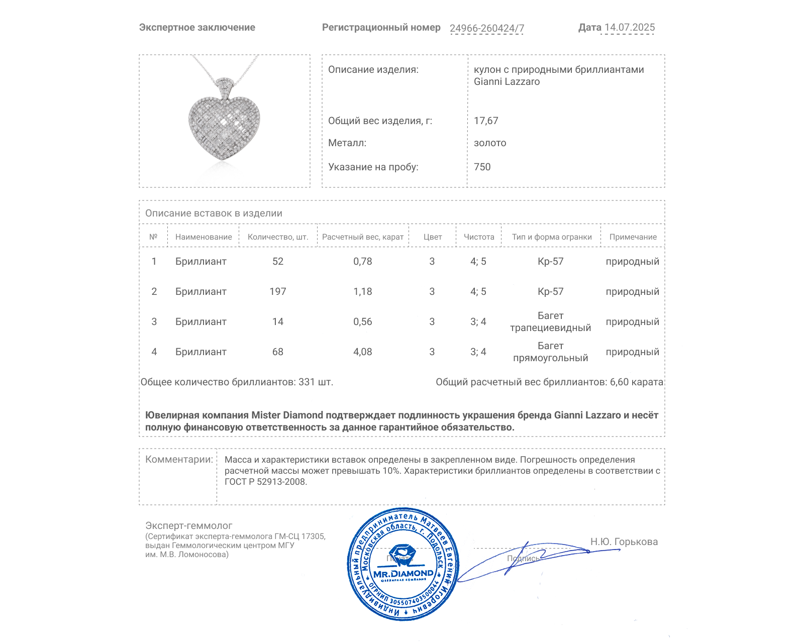 Оригинальный золотой кулон с бриллиантами 6.60ct Gianni Lazzaro