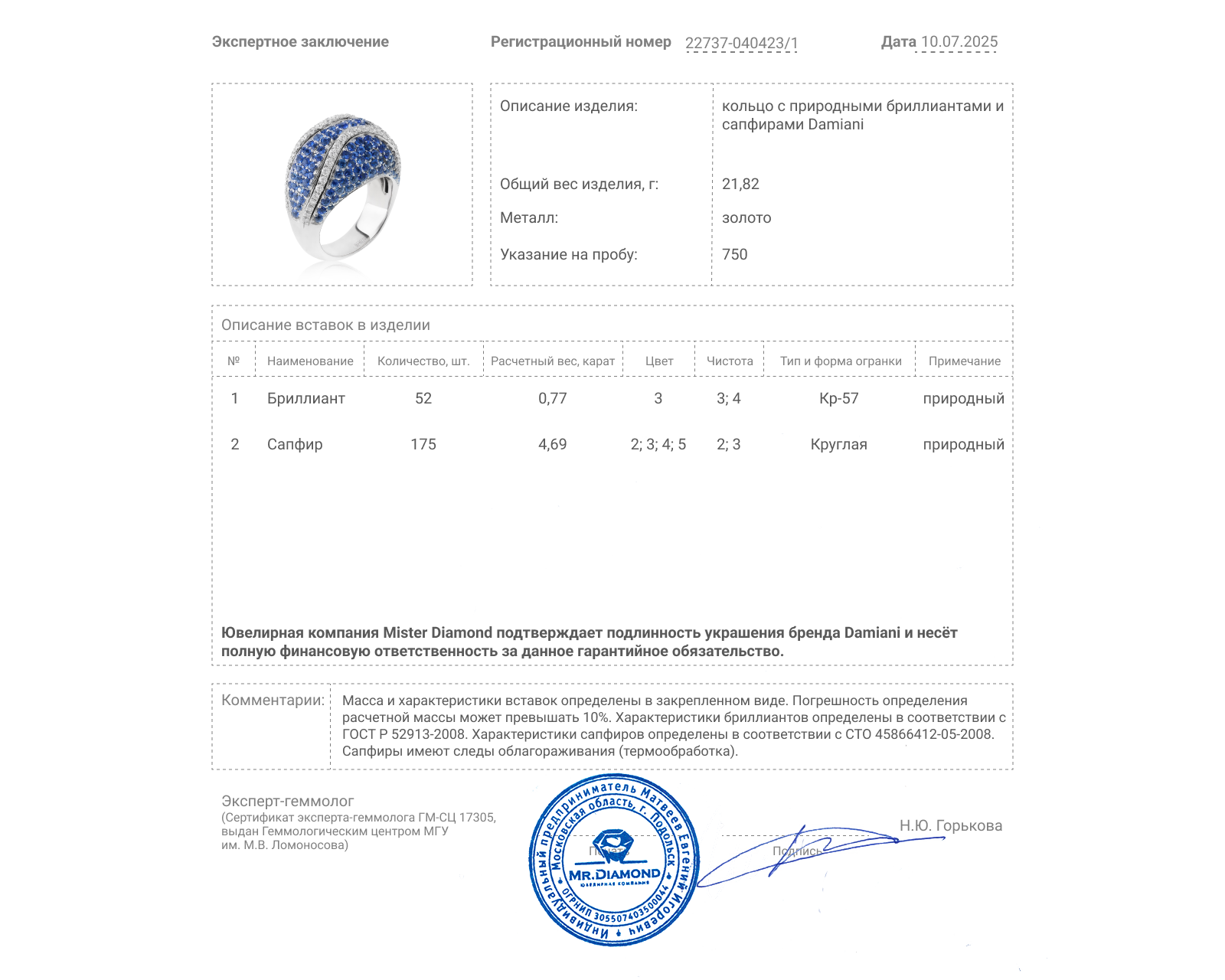 Оригинальное золотое кольцо c сапфирами 4.69ct Damiani Match Ball