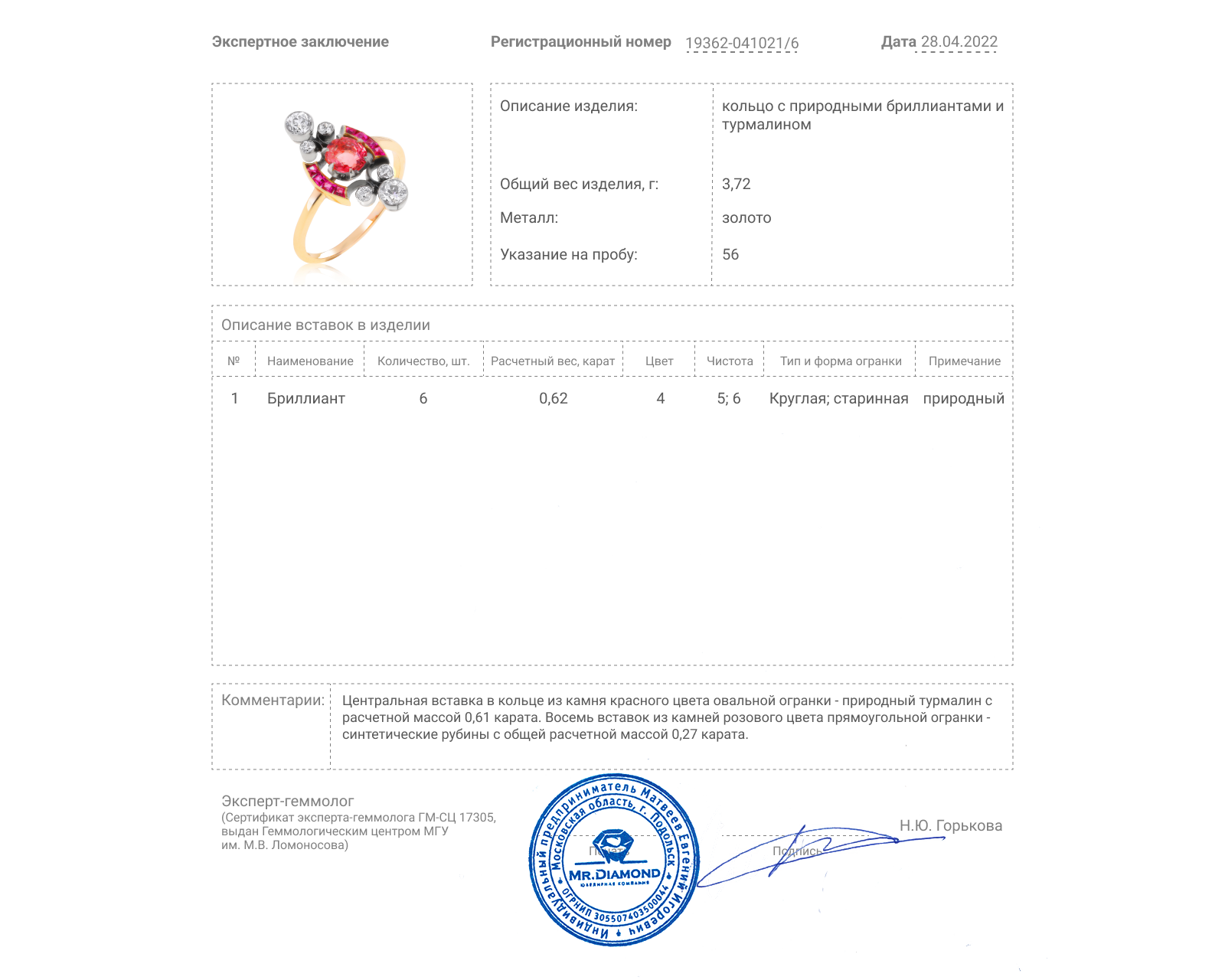 Модное золотое кольцо с турмалином 0.61ct