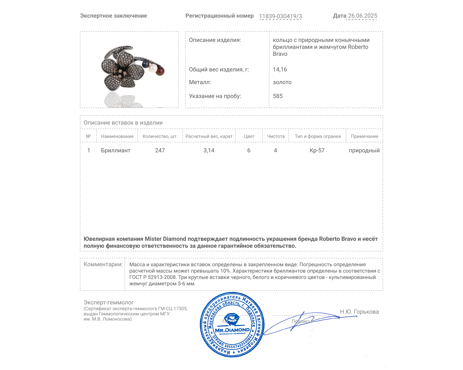 Оригинальное золотое кольцо с жемчугом и бриллиантами 3.14ct Roberto Bravo