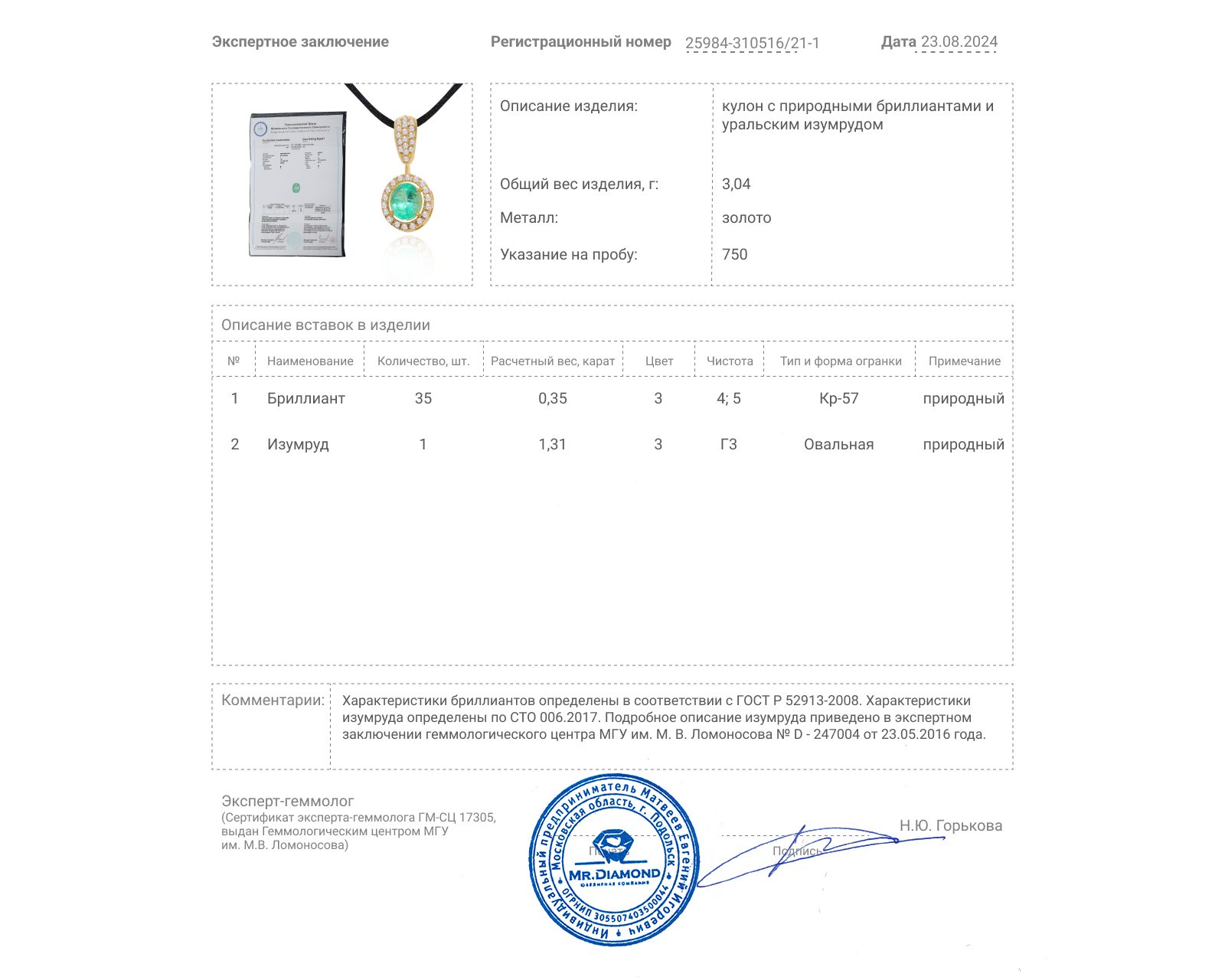 Золотой кулон с уральским изумрудом 1.31ct