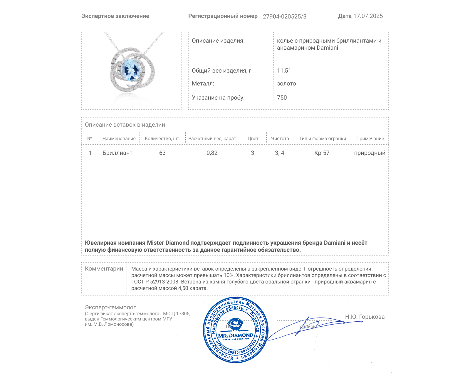 Оригинальное золотое колье с аквамарином 4.50ct Damiani Rose