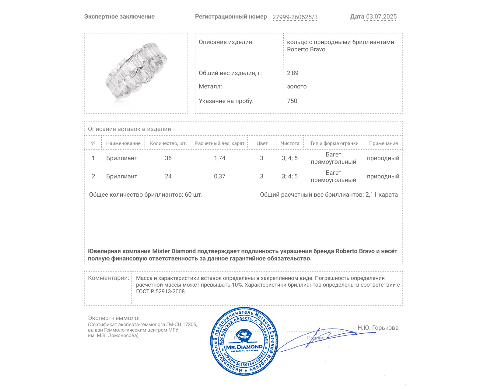 Оригинальное золотое кольцо с бриллиантами 2.11ct Roberto Bravo