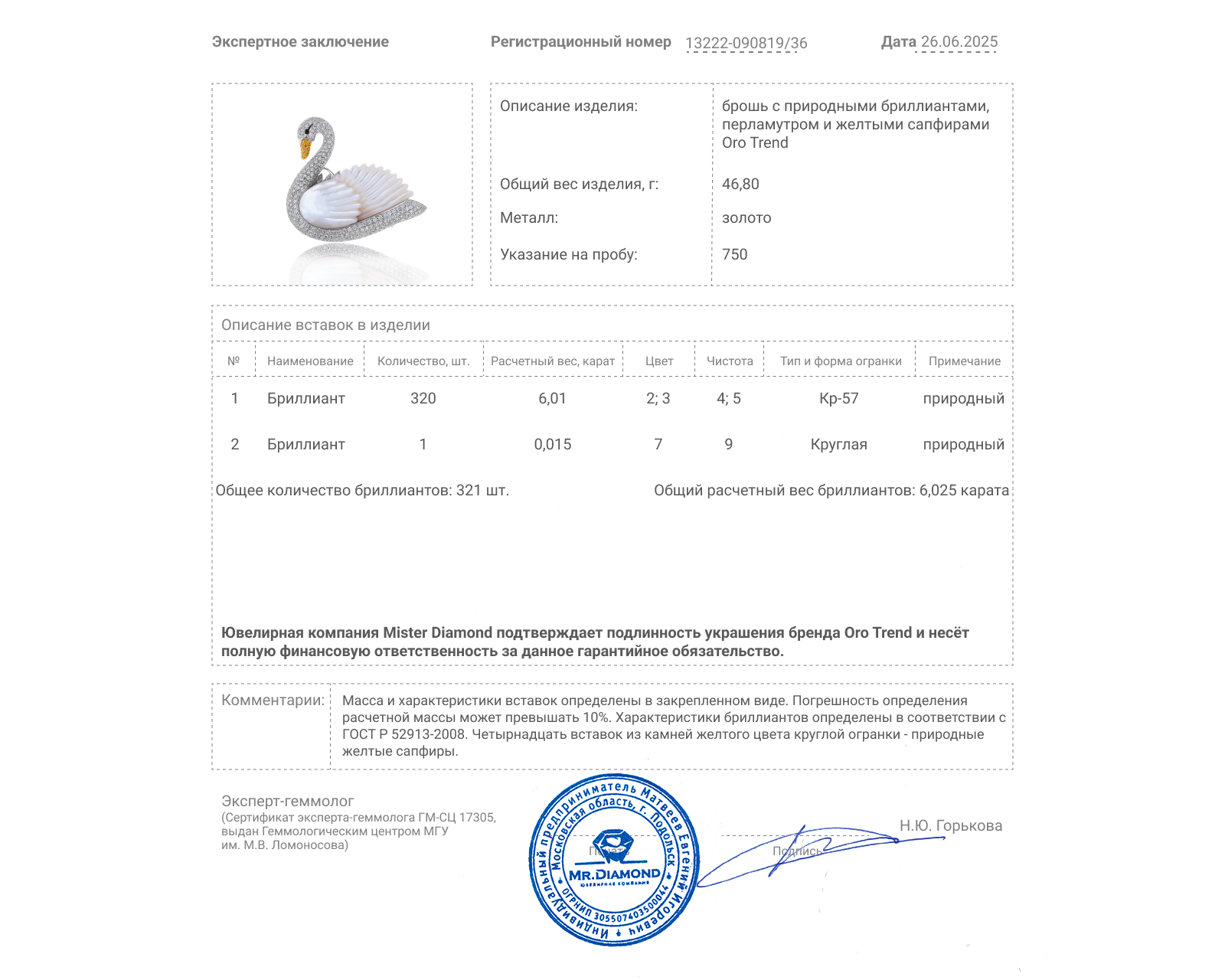 Оригинальная золотая брошь с бриллиантами 6.02ct Oro Trend