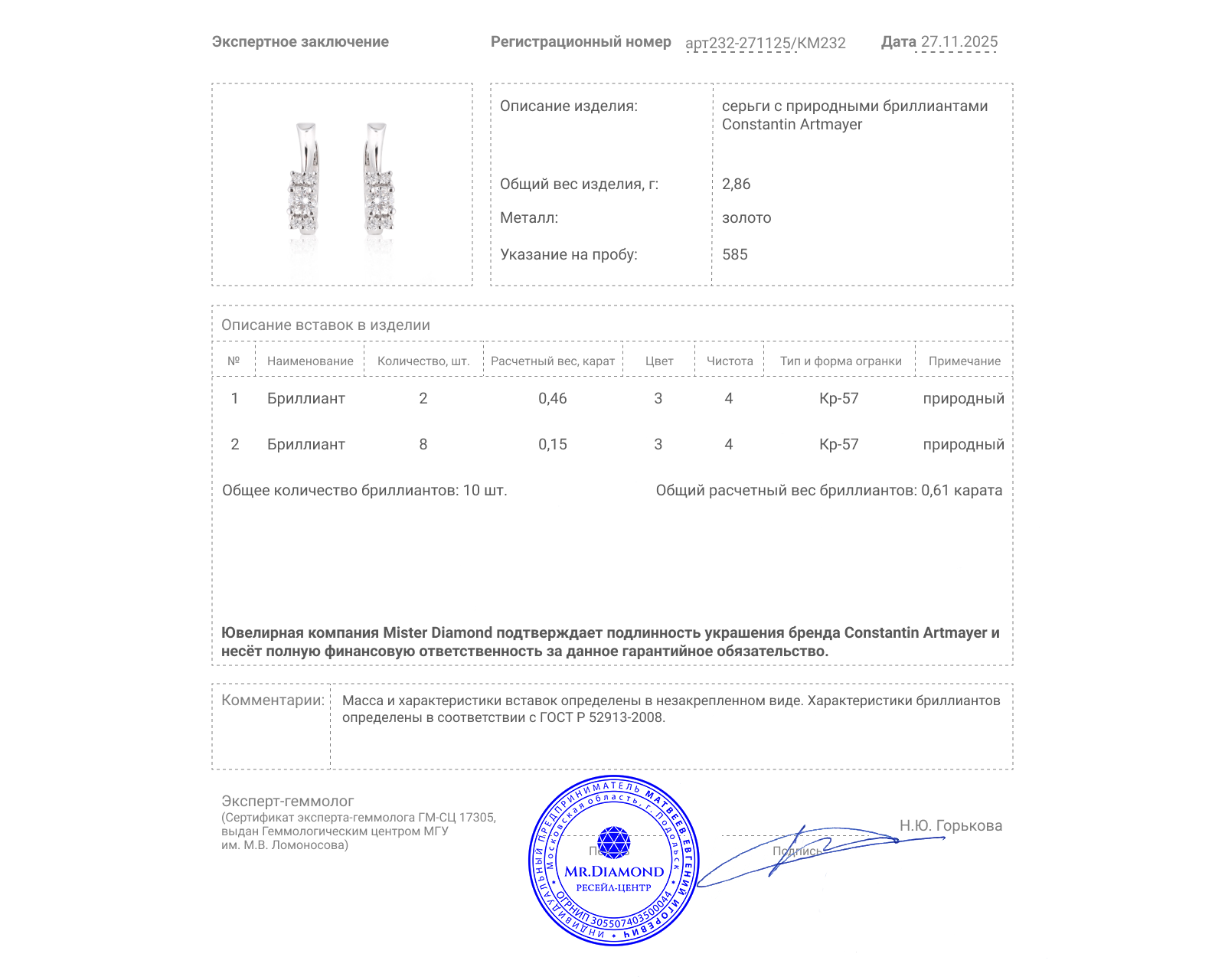 Оригинальные золотые серьги с бриллиантами 0.61ct Constantin Artmayer