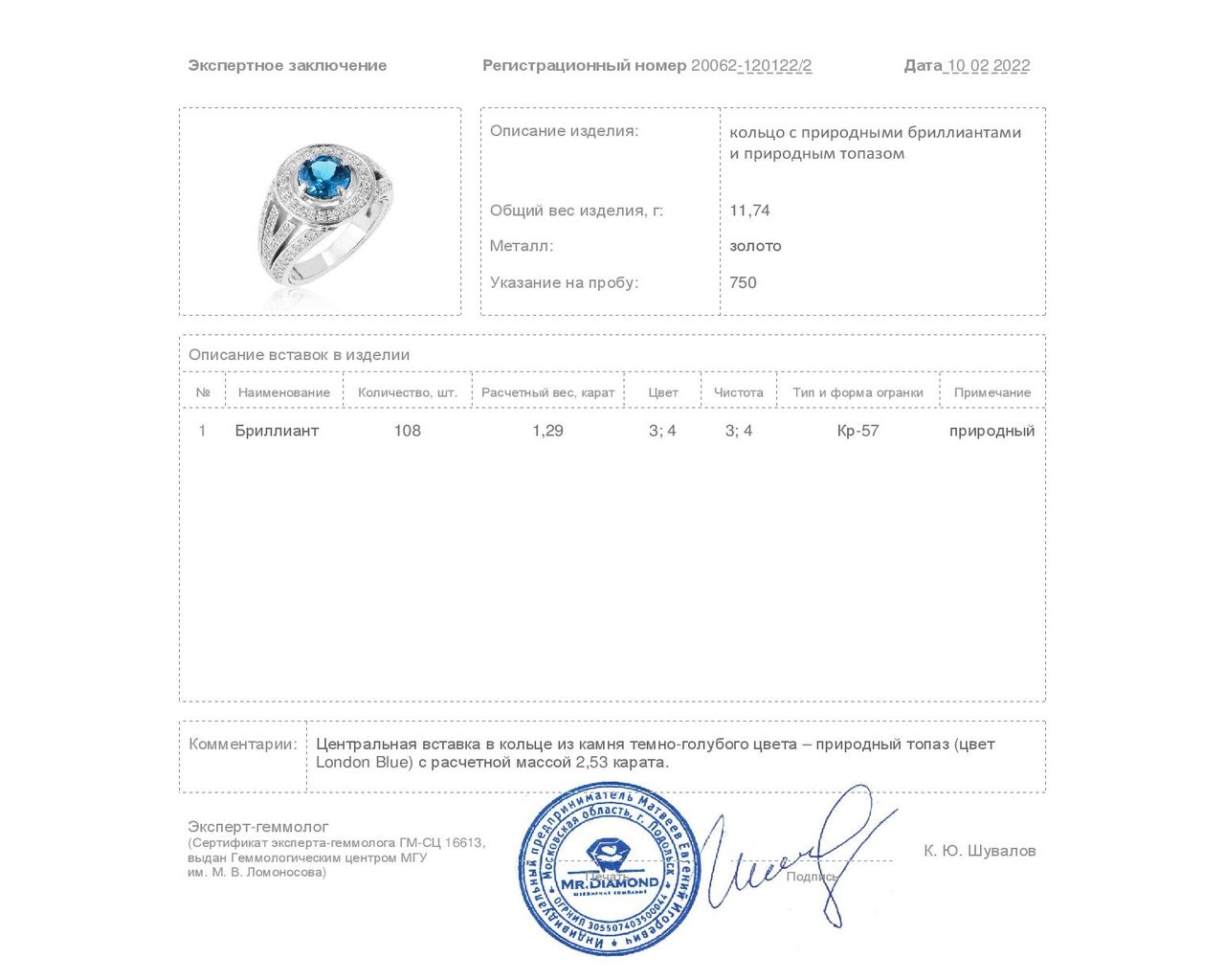 Стильное золотое кольцо с топазом 2.53ct