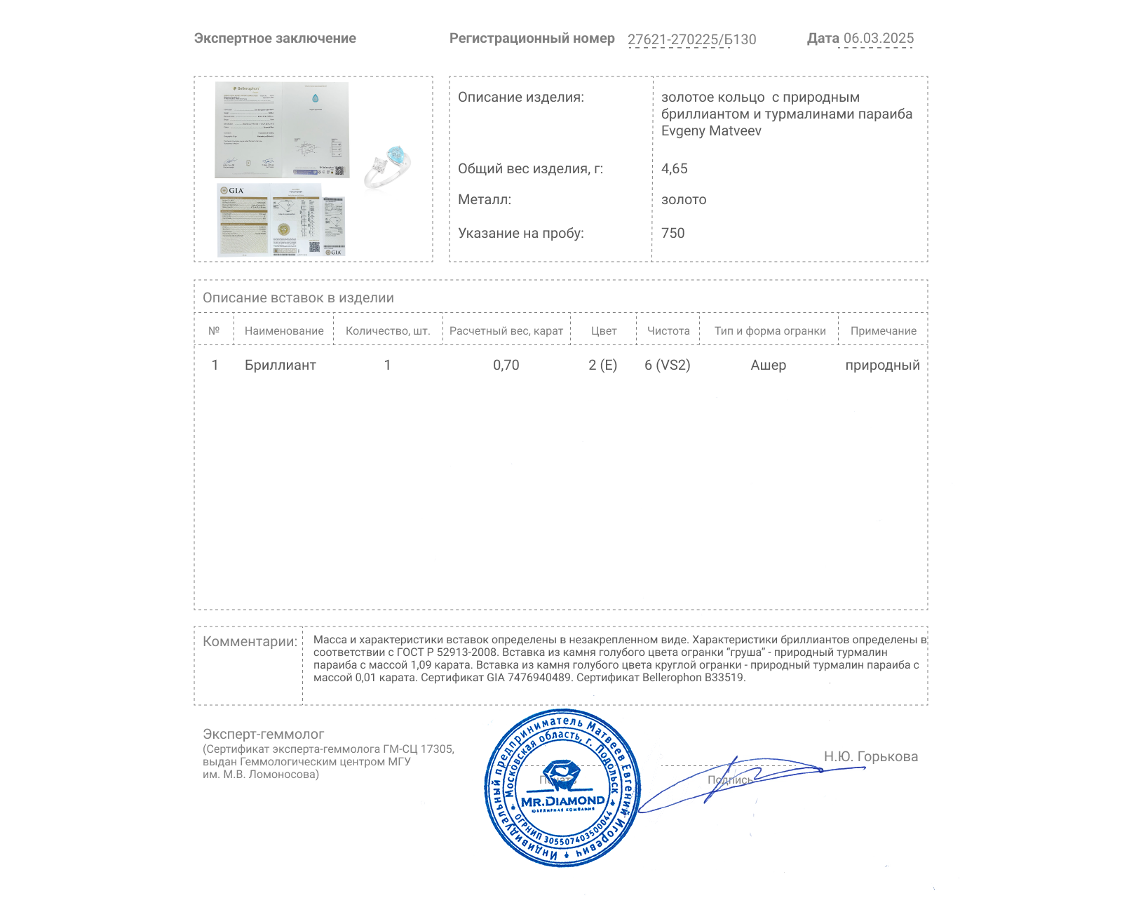 Золотое кольцо с бриллиантами и турмалином параиба 1.09ct Evgeny Matveev