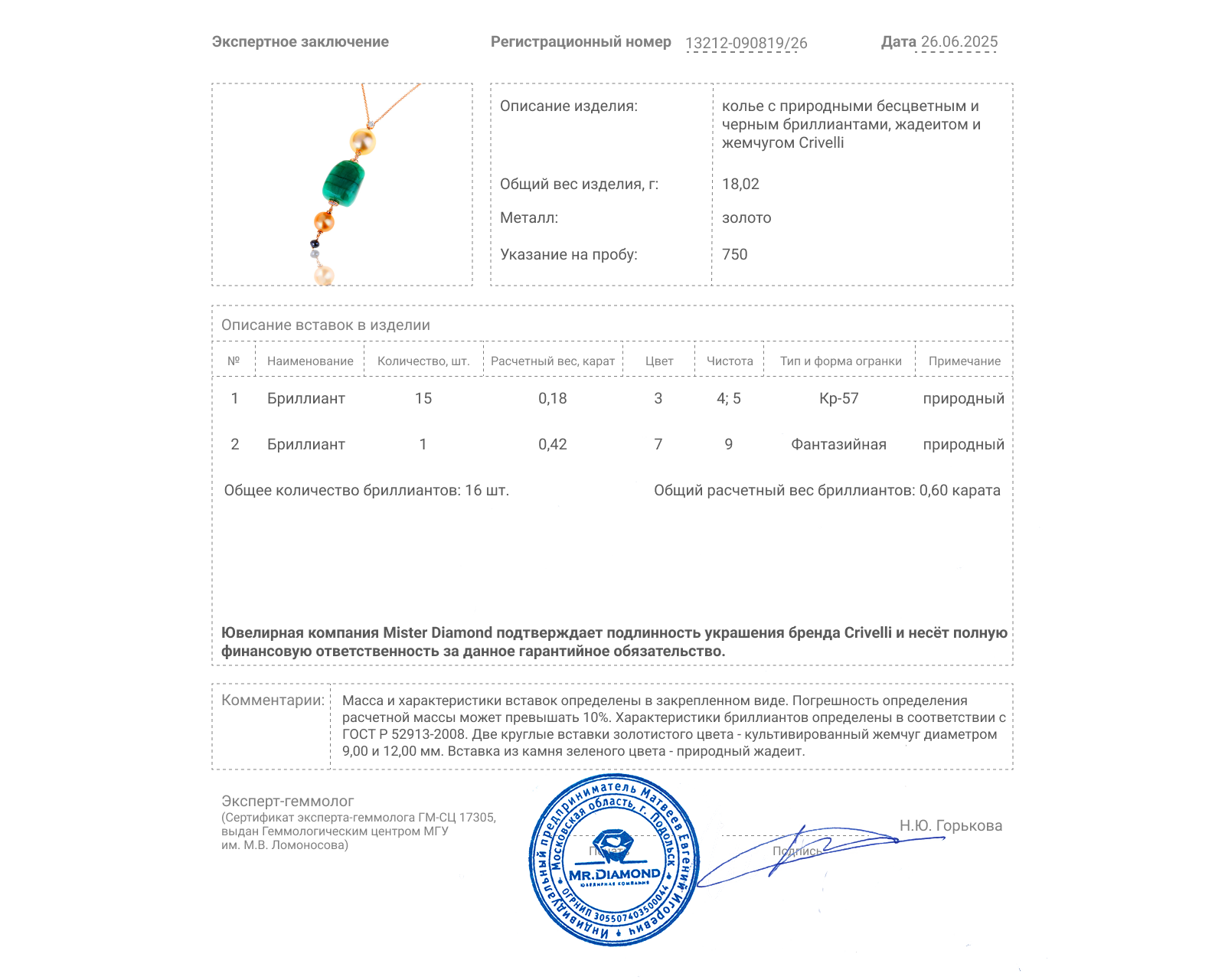 Оригинальное золотое колье с жемчугом и бриллиантами 0.60ct Crivelli