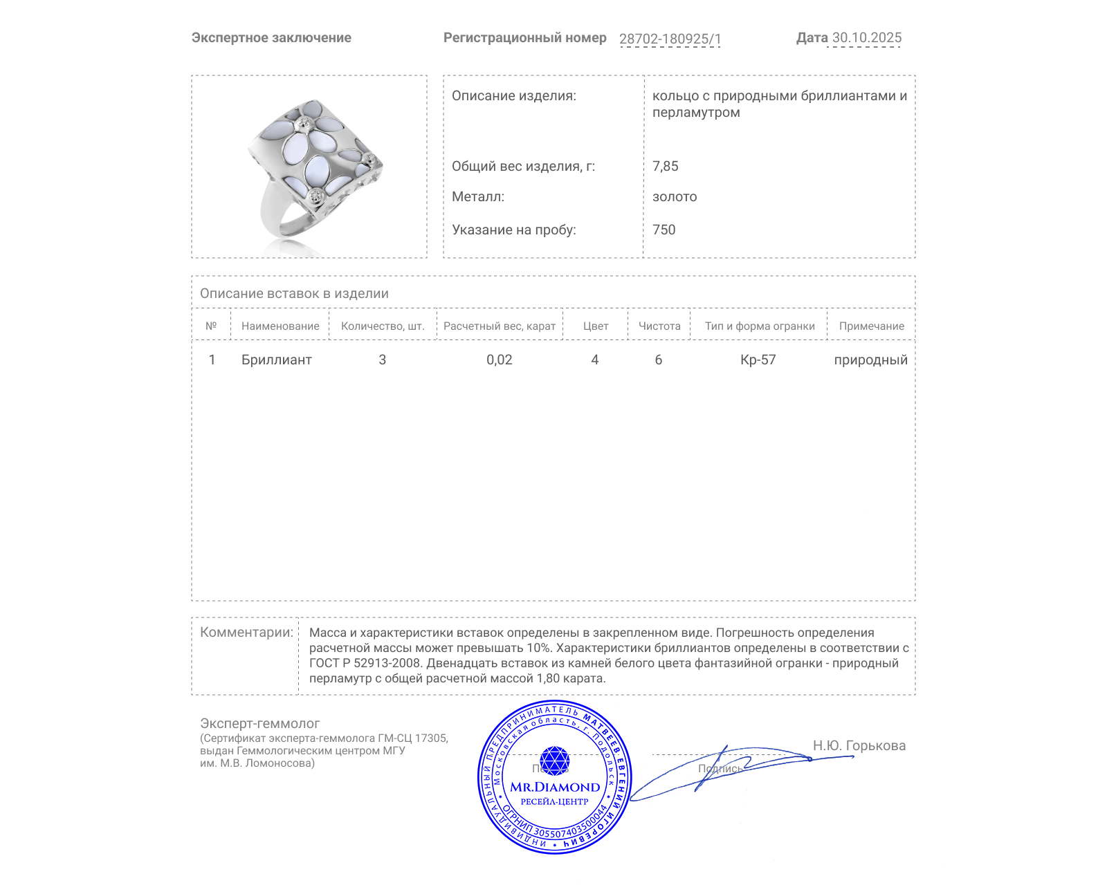 Золотое кольцо с перламутром 1.80ct и бриллиантами 0.02ct