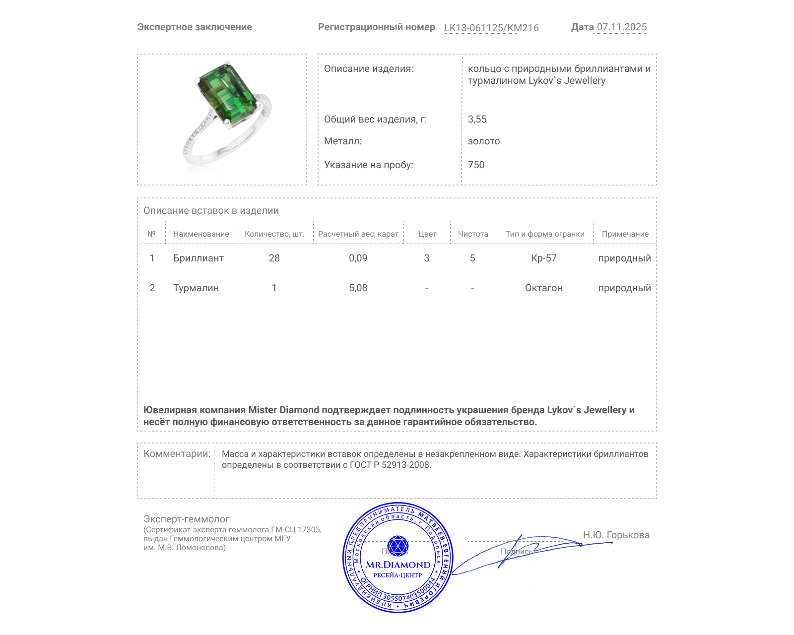 Оригинальное золотое кольцо c турмалином 5.08ct Lykov`s Jewellery