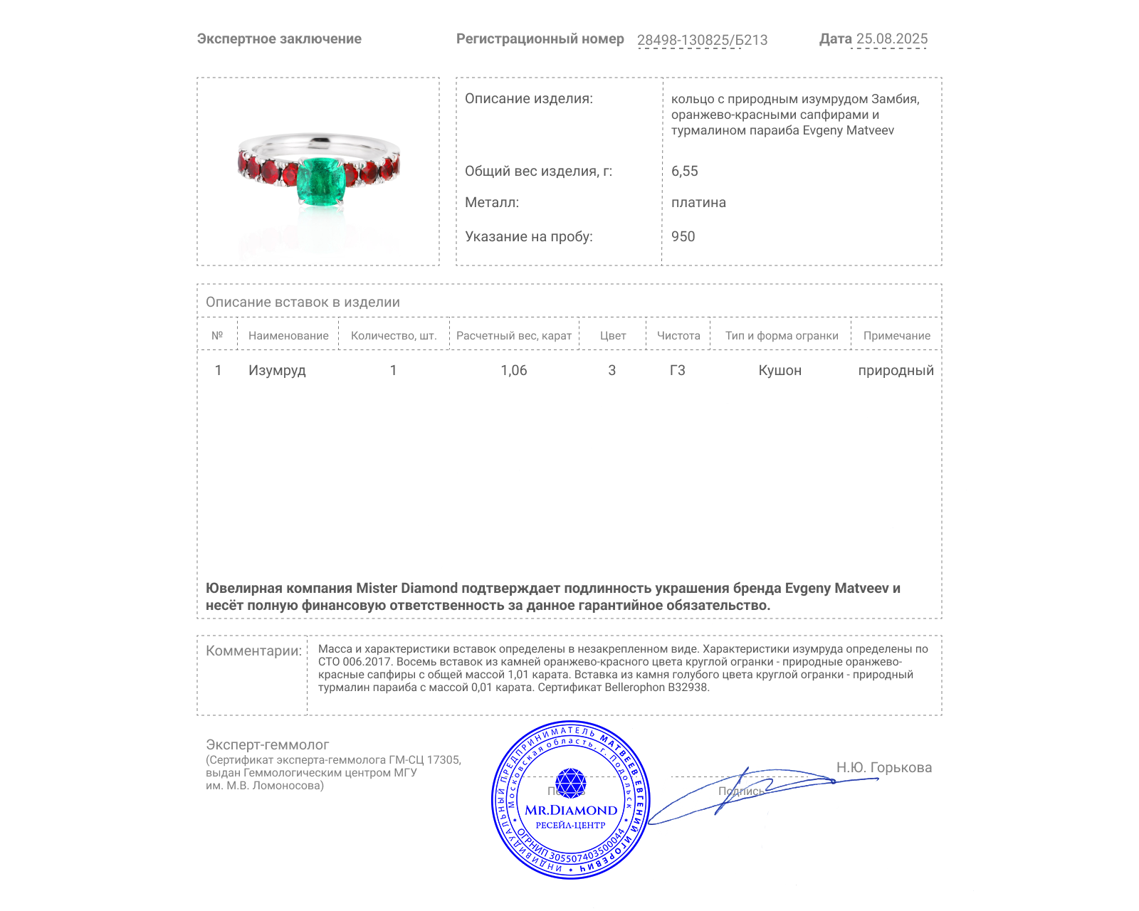 Платиновое кольцо с изумрудом Замбия 1.06ct Evgeny Matveev