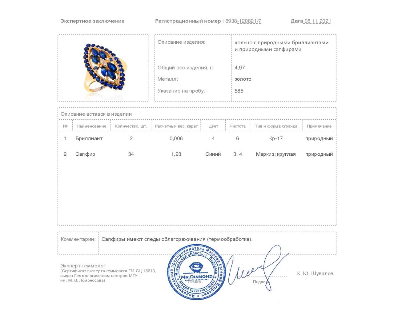 Красивое золотое кольцо с сапфирами 1.93ct