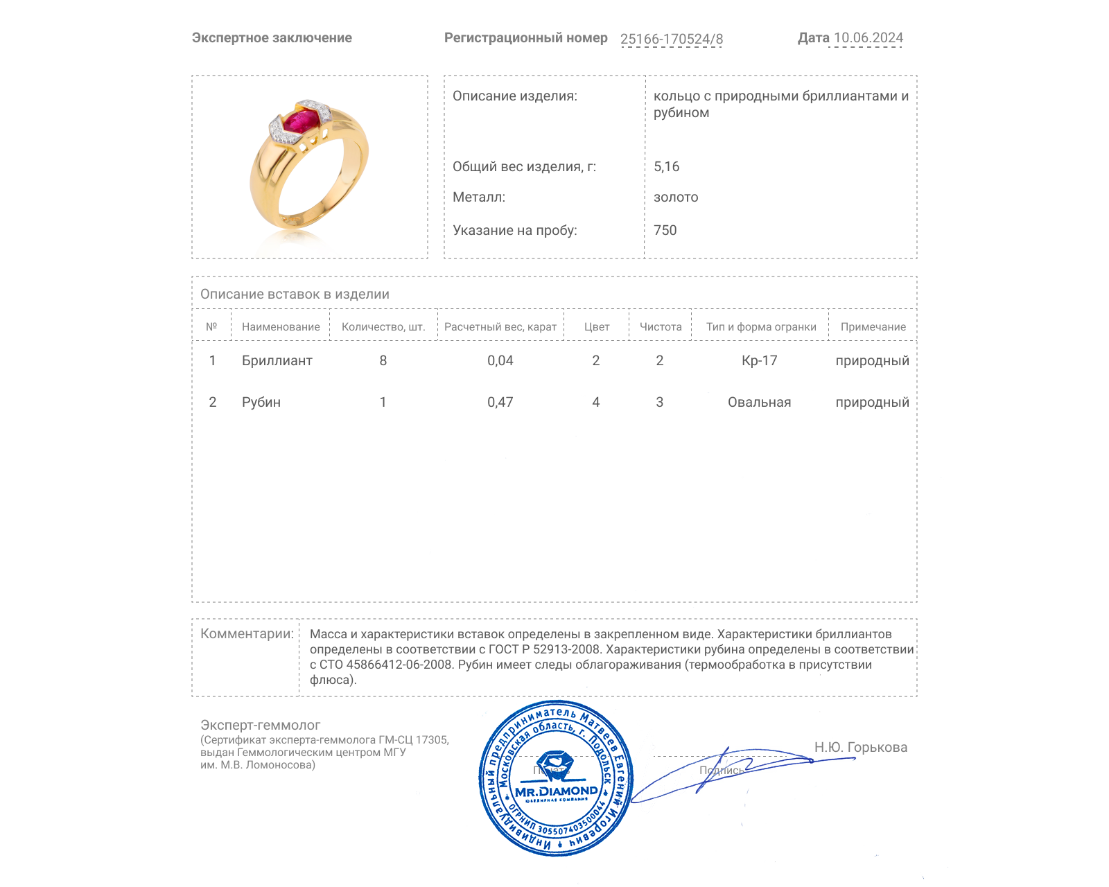 Золотое кольцо с рубином 0.47ct и бриллиантами 0.04ct