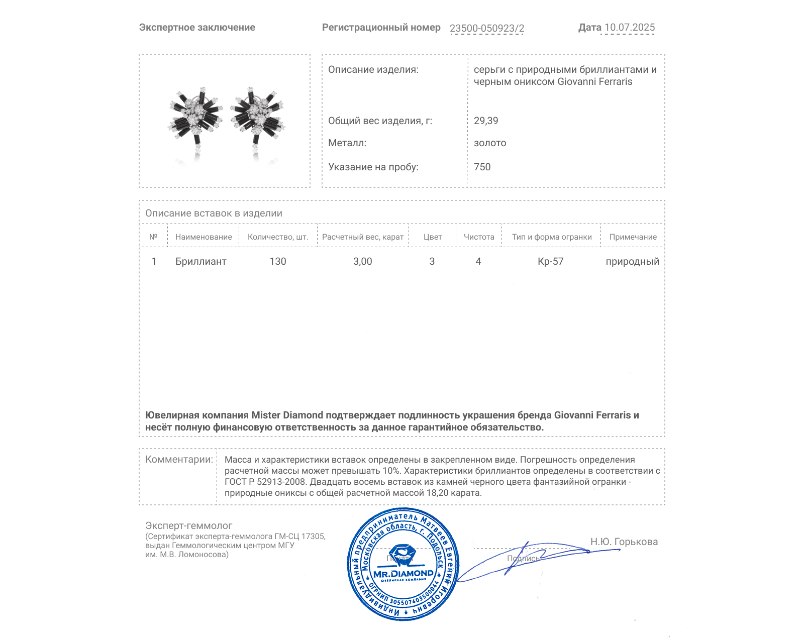 Оригинальные золотые серьги с ониксом 18.20ct Giovanni Ferraris