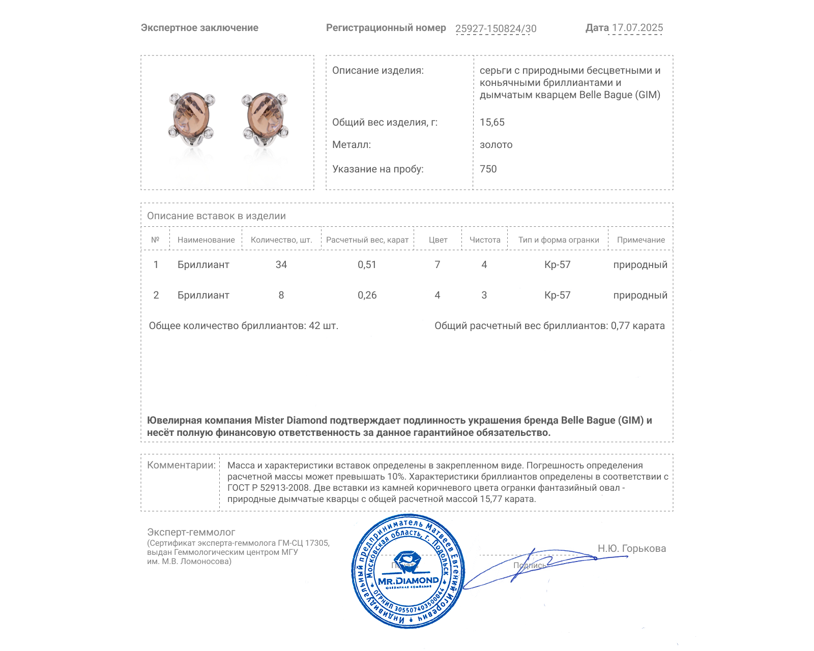 Оригинальные золотые серьги с кварцем 15.77ct Belle Bague (GIM)