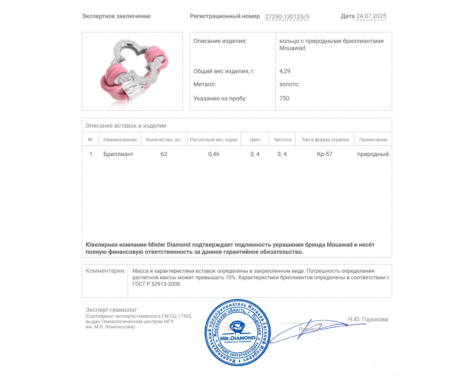 Оригинальное золотое кольцо с бриллиантами 0.46ct Mouawad Heidi Klum