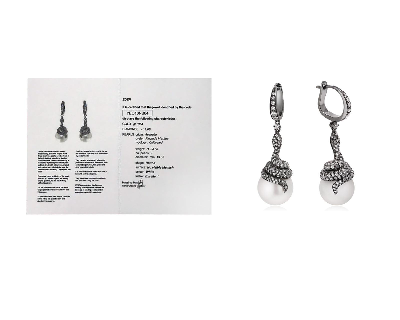 Оригинальные золотые серьги с жемчугом 13.35 мм Utopia Eden