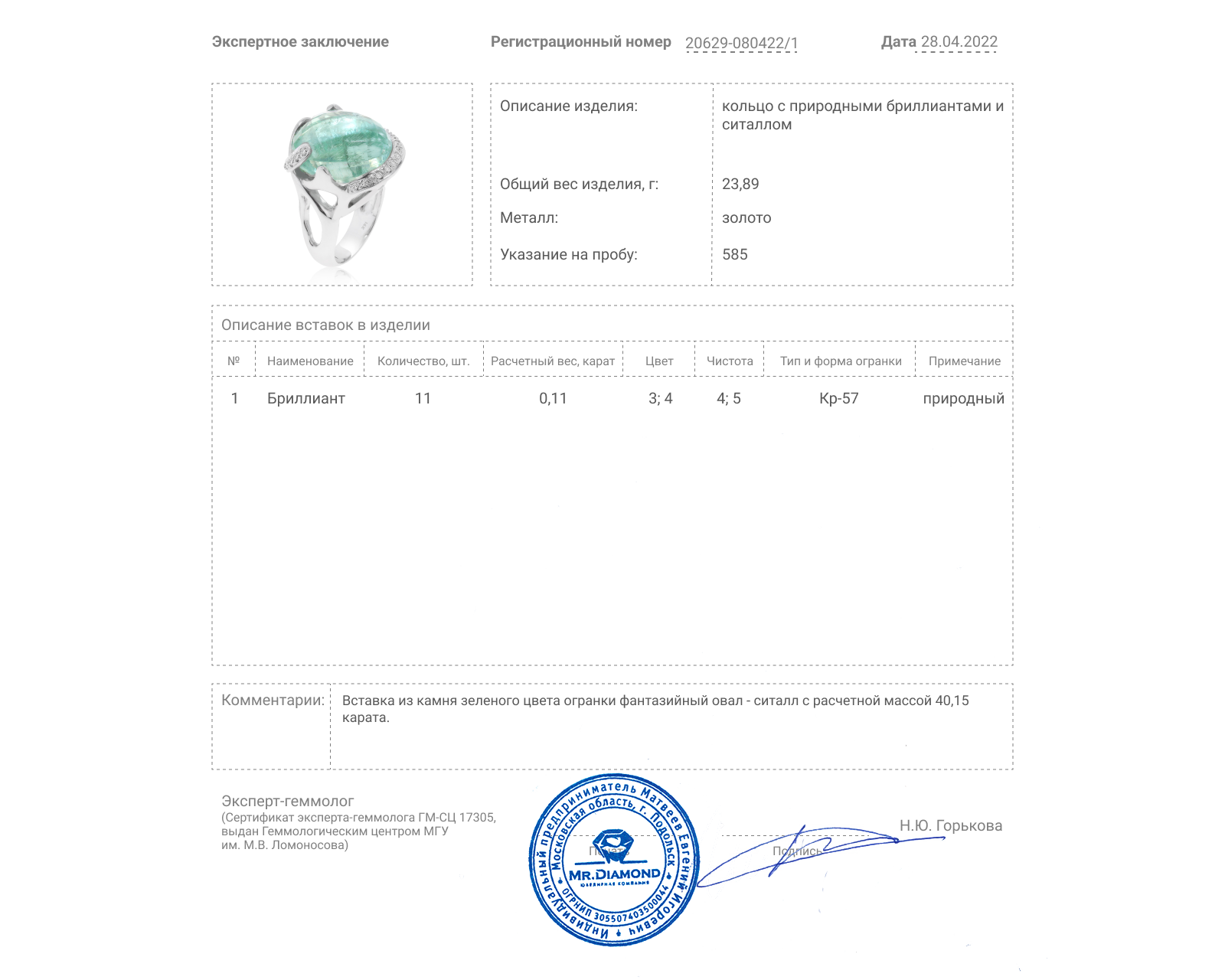 Притягательное золотое кольцо с ситаллом 40.15ct