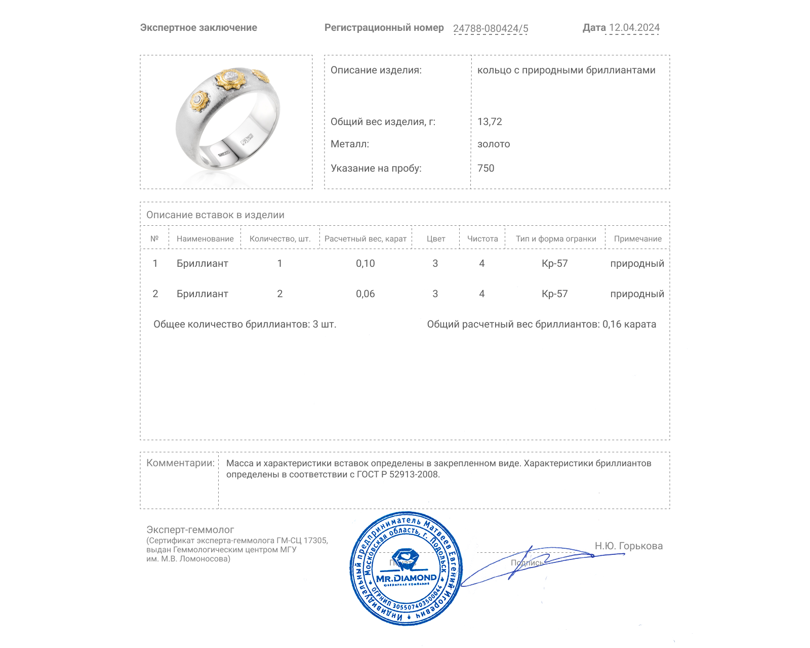 Золотое кольцо с бриллиантами 0.16ct