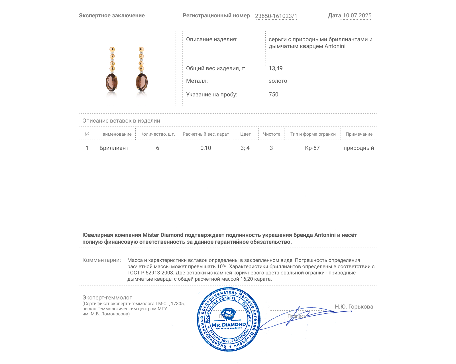 Оригинальные золотые серьги с кварцем 16.20ct Antonini