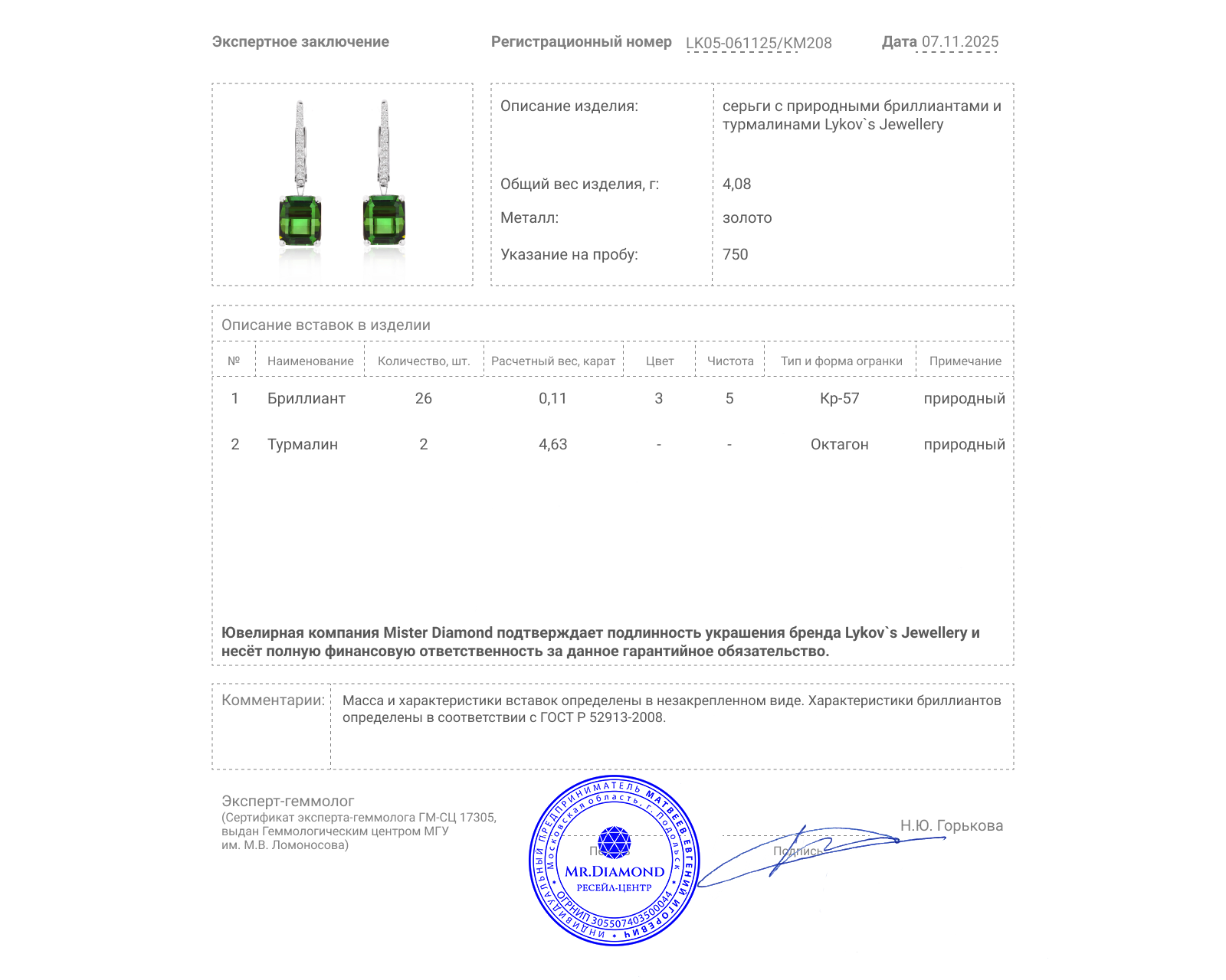 Оригинальные золотые серьги с турмалинами 4.63ct Lykov`s Jewellery