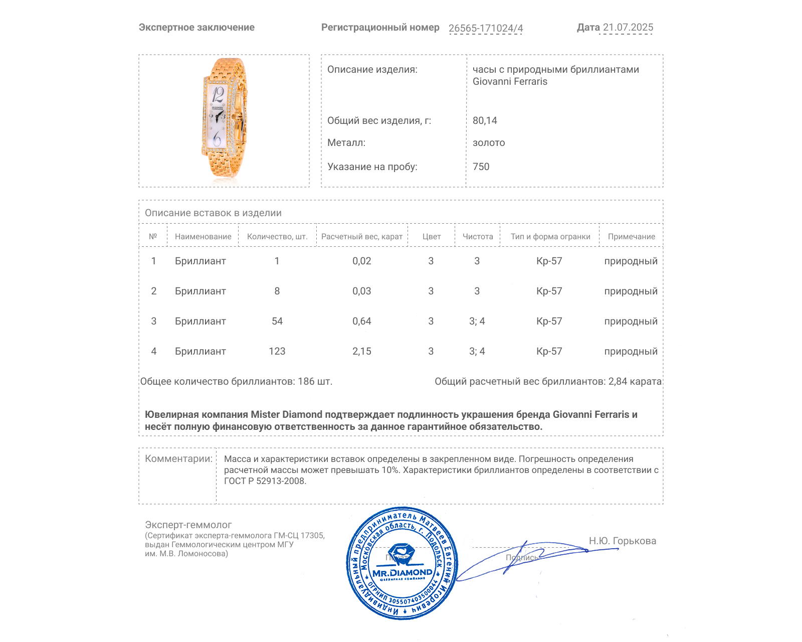 Оригинальные золотые часы с бриллиантами 2.84ct Giovanni Ferraris