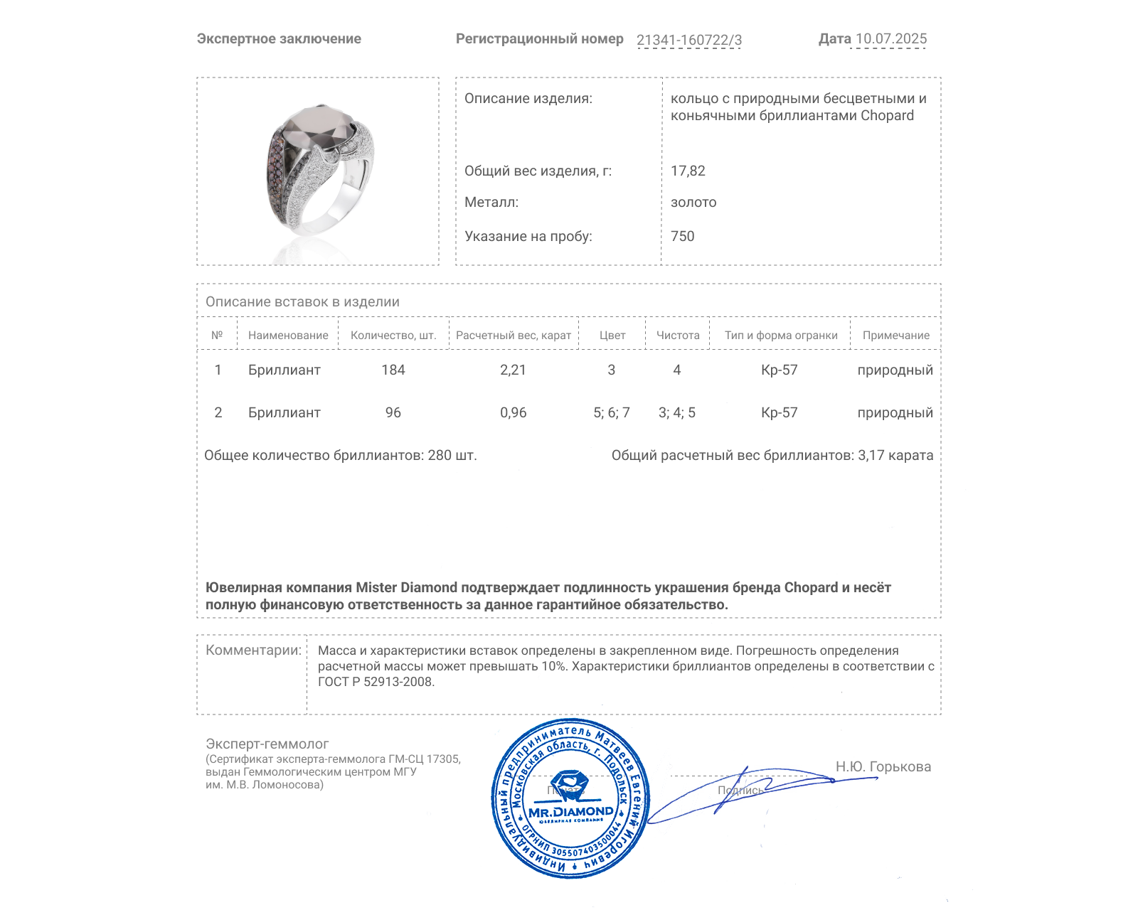 Оригинальное золотое кольцо с бриллиантами 3.17ct Chopard