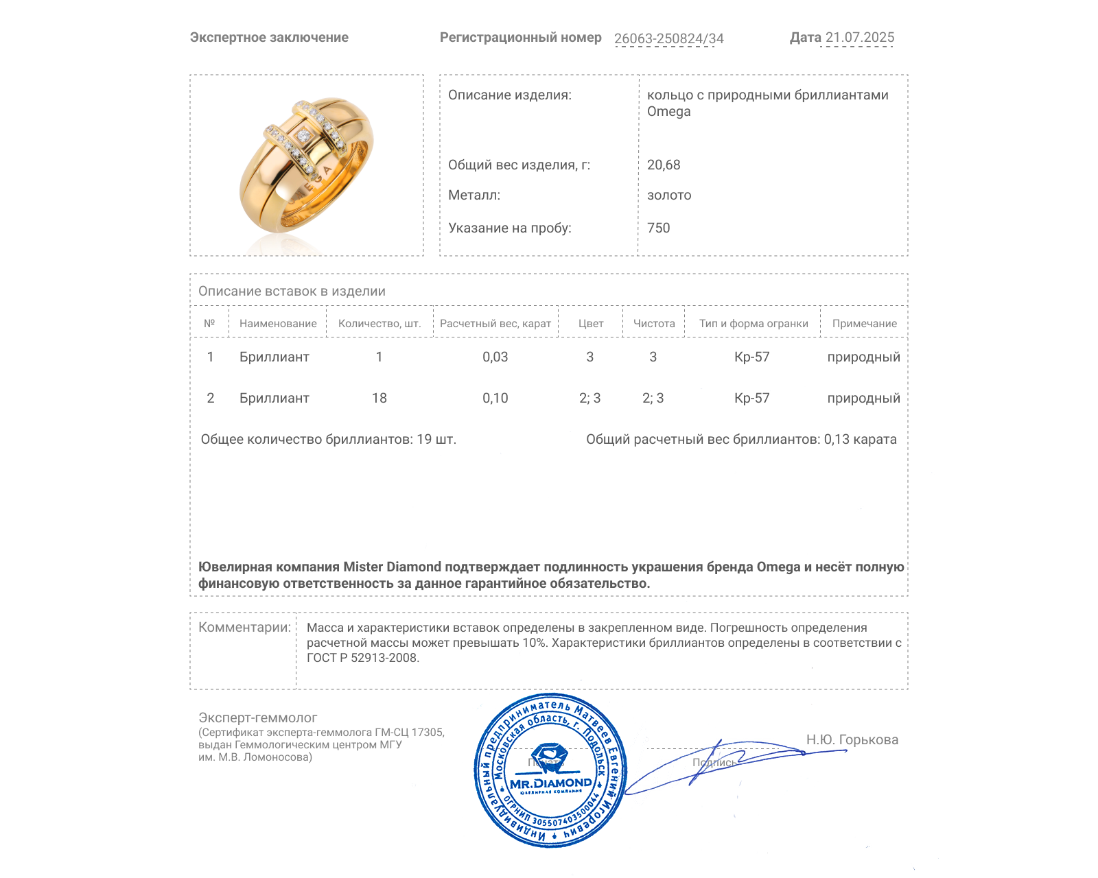 Оригинальное золотое кольцо с бриллиантами 0.13ct Omega
