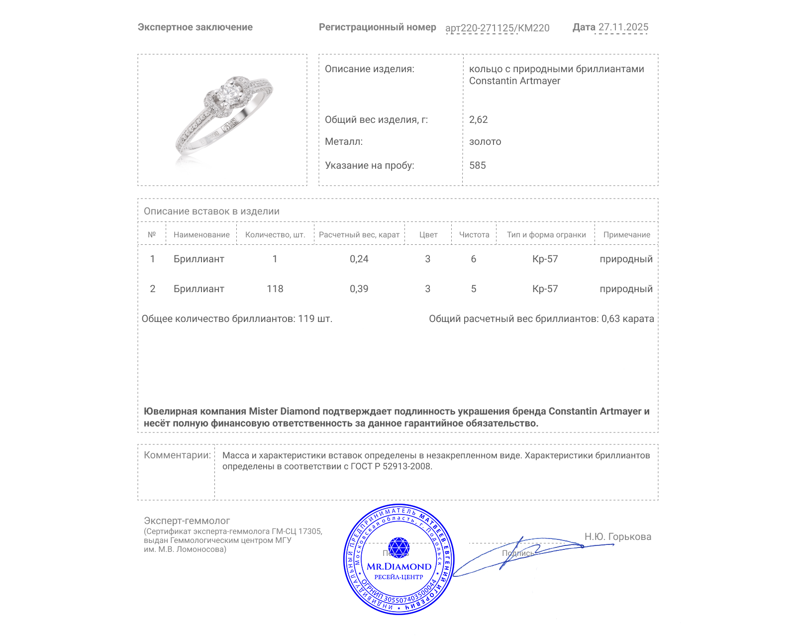 Оригинальное золотое кольцо с бриллиантами 0.63ct Constantin Artmayer