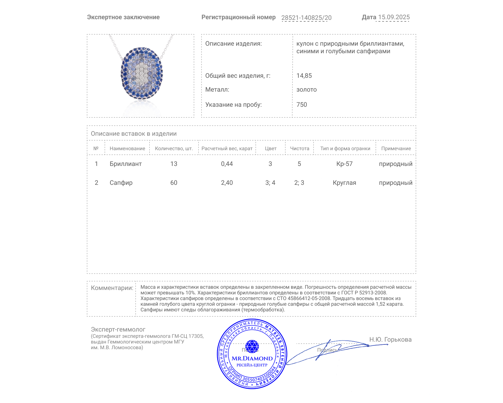 Золотой кулон с цветными сапфирами 3.92ct