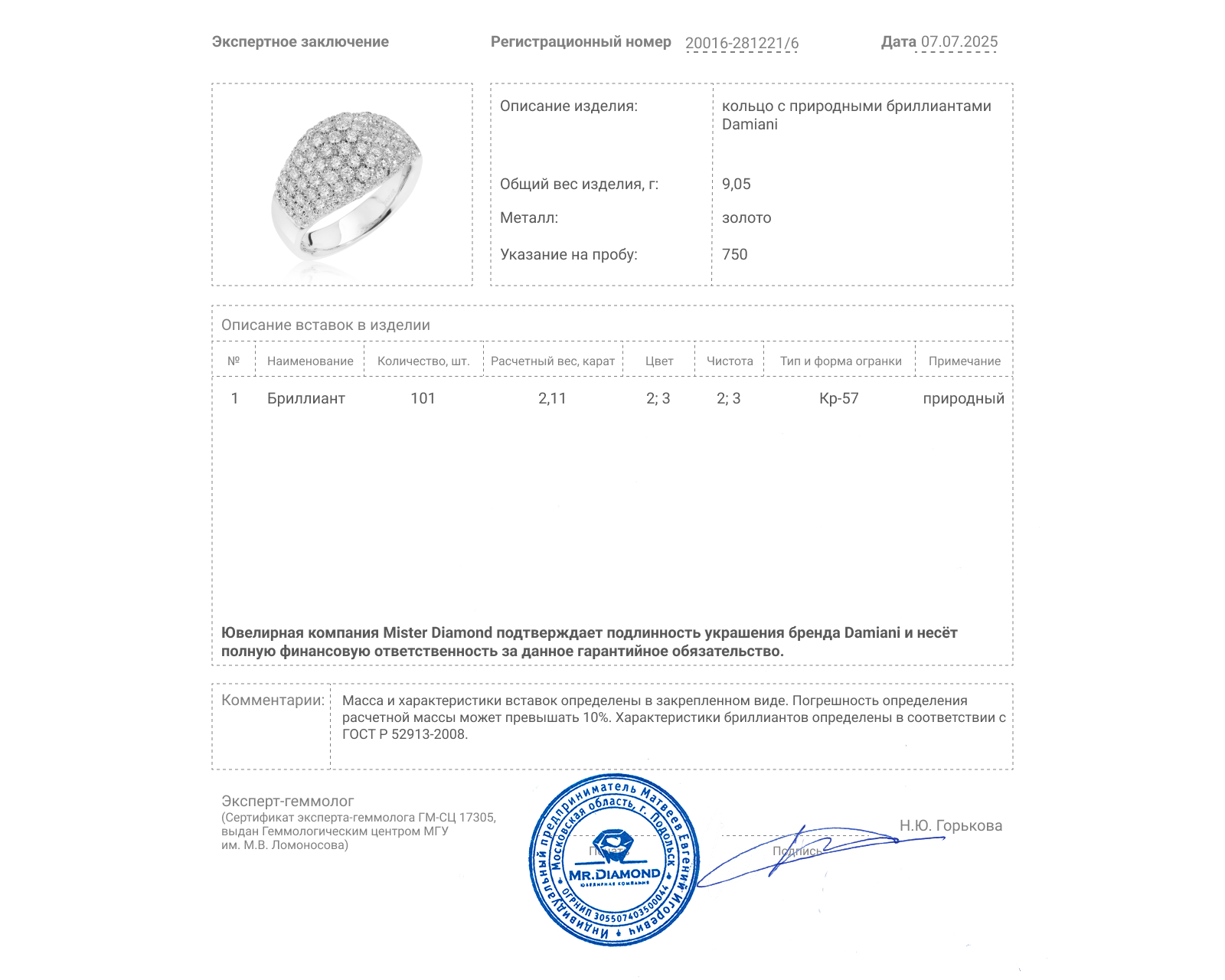 Оригинальное золотое кольцо с бриллиантами 2.11ct Damiani