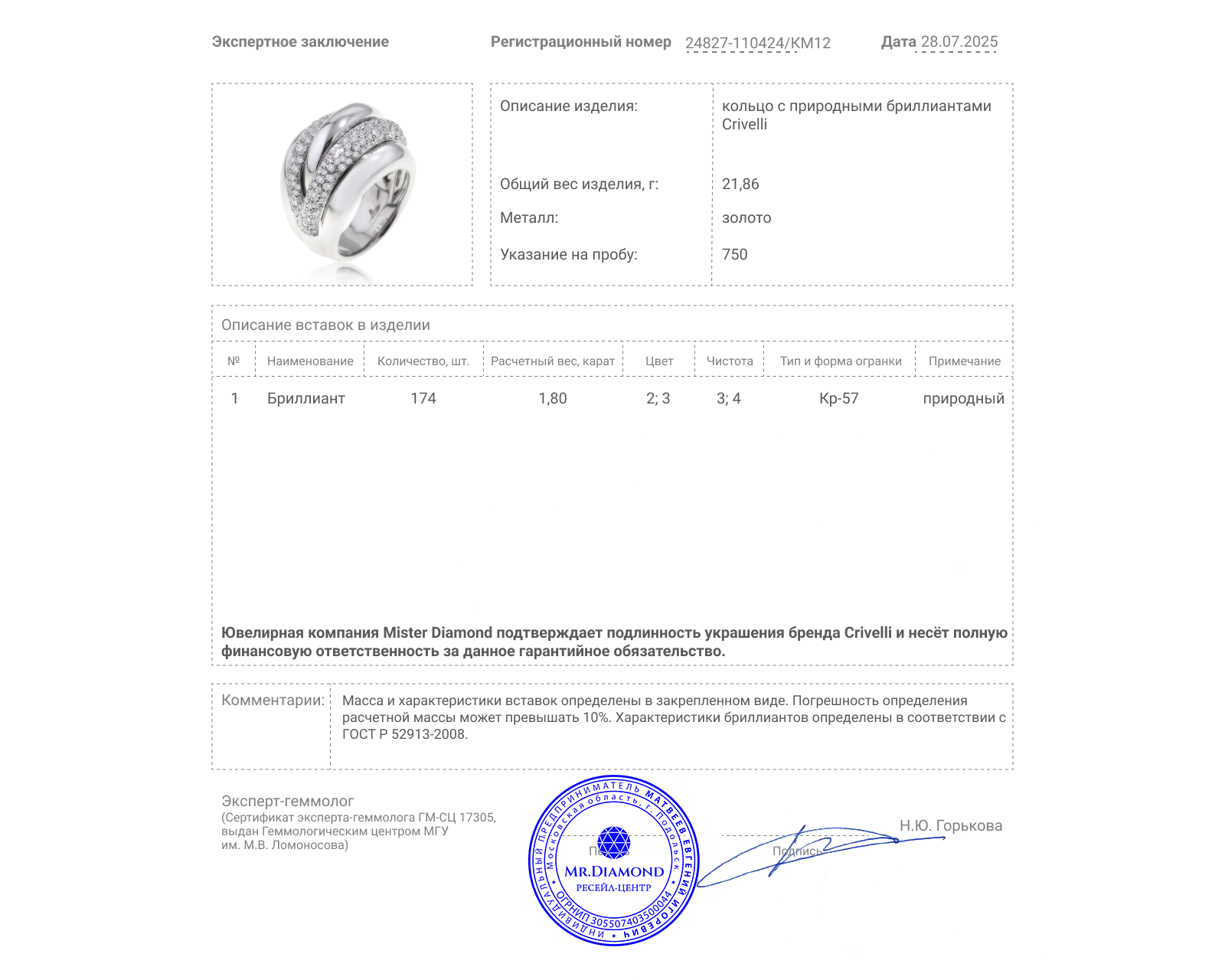 Оригинальное золотое кольцо с бриллиантами 1.80ct Crivelli