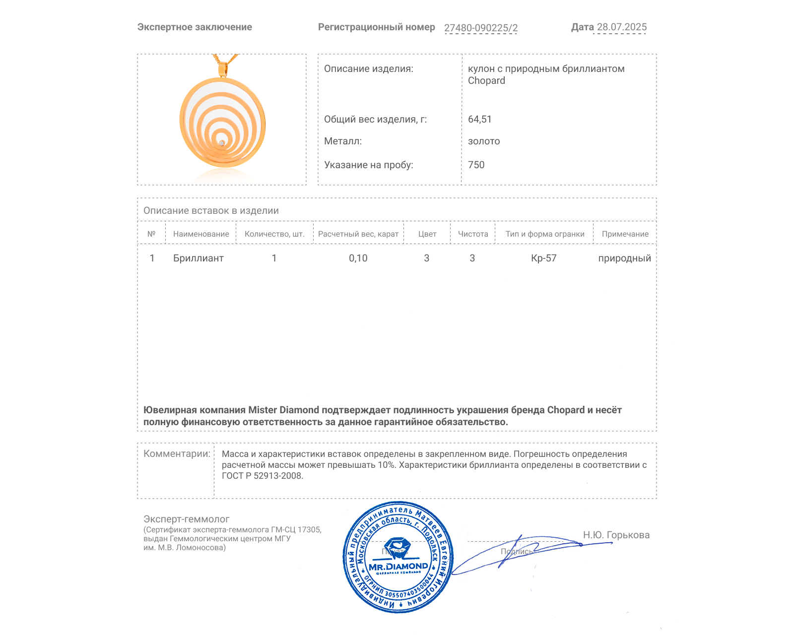 Оригинальный золотой кулон Chopard Happy Spirit