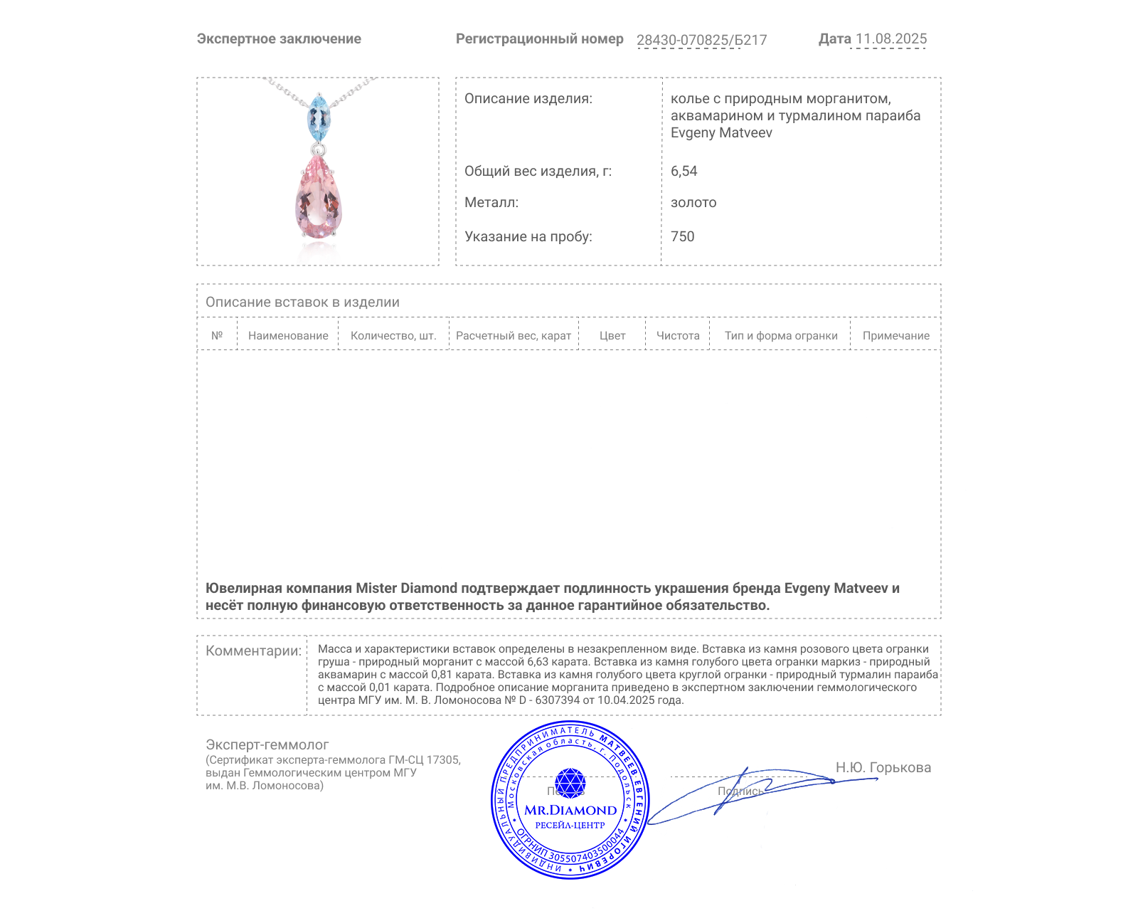 Золотое колье с морганитом 6.63ct и аквамарином 0.81ct Evgeny Matveev
