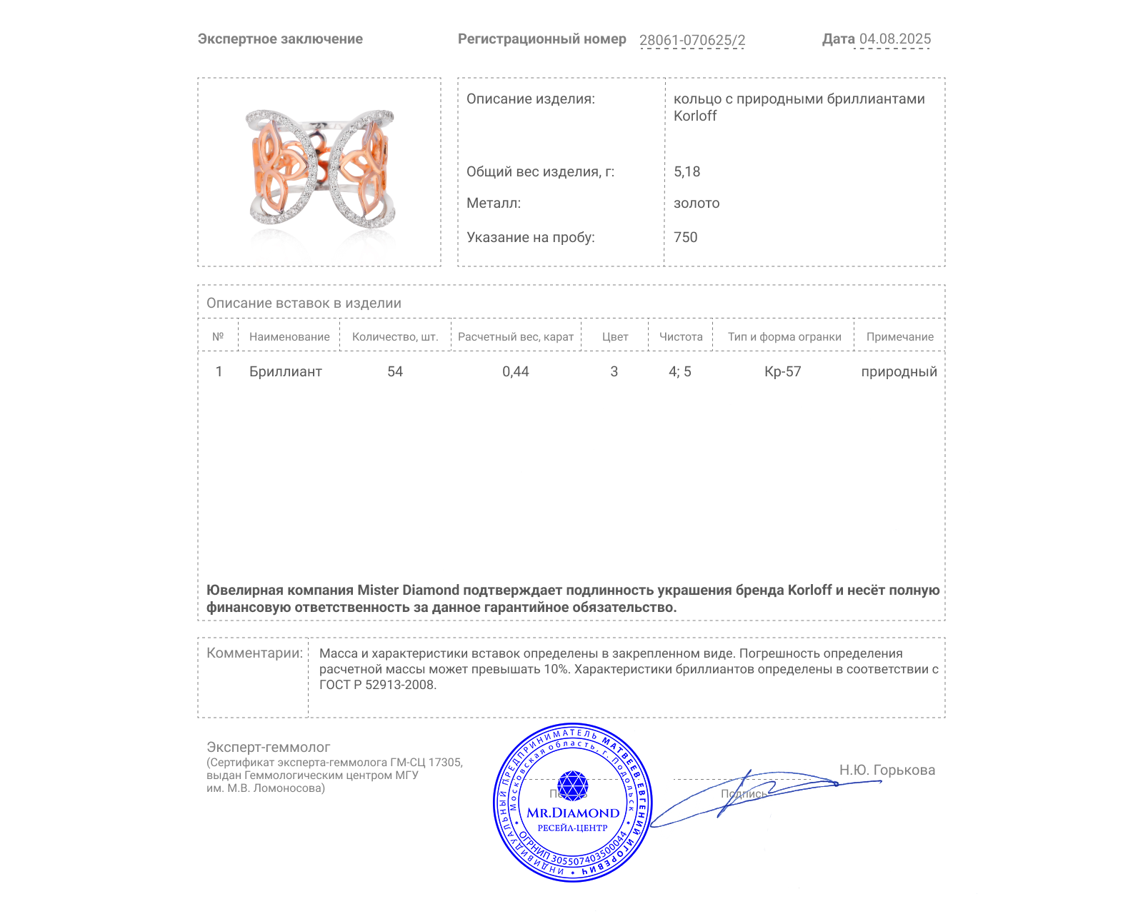 Оригинальное золотое кольцо с бриллиантами 0.44ct Korloff