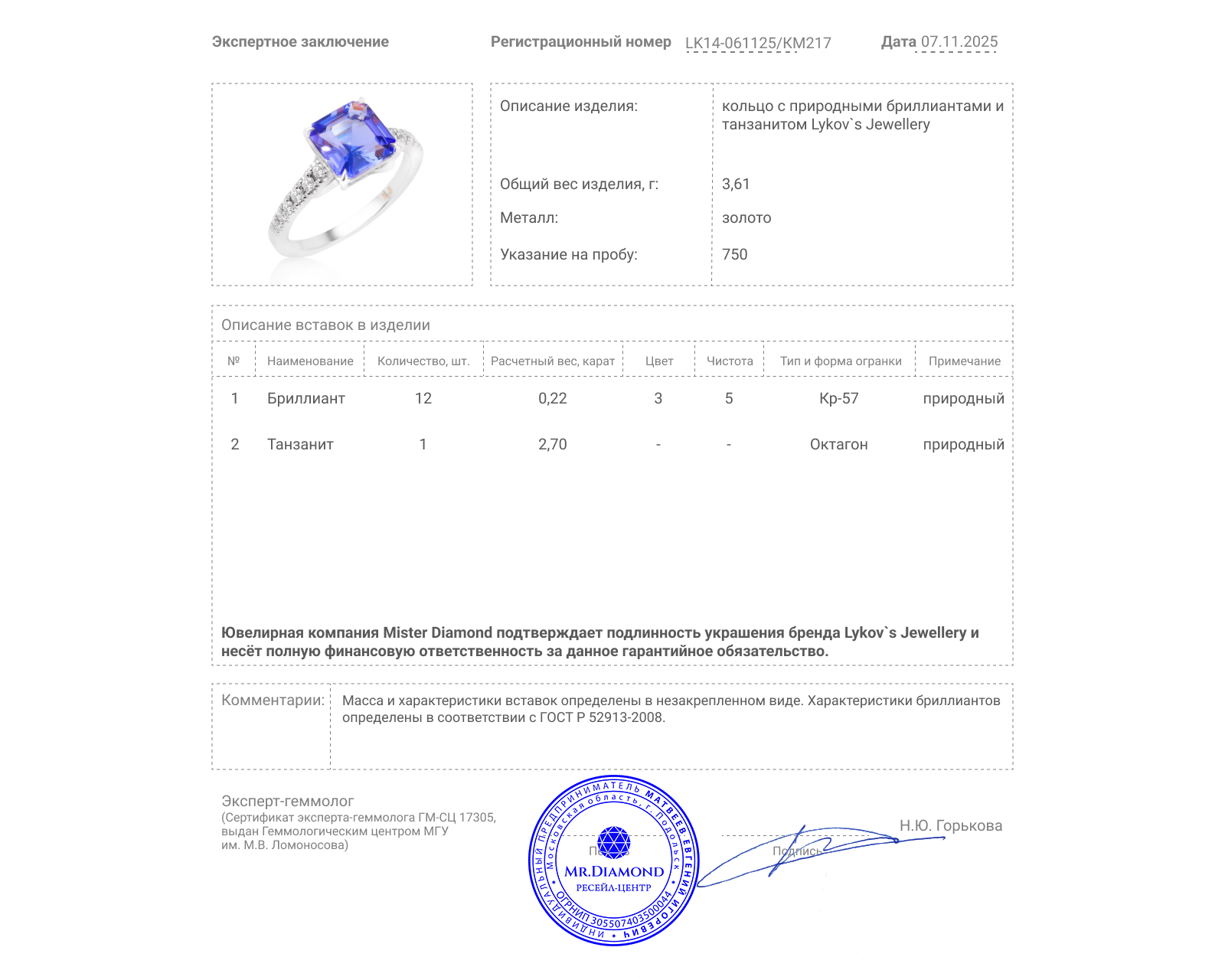 Оригинальное золотое кольцо с танзанитом 2.70ct Lykov`s Jewellery