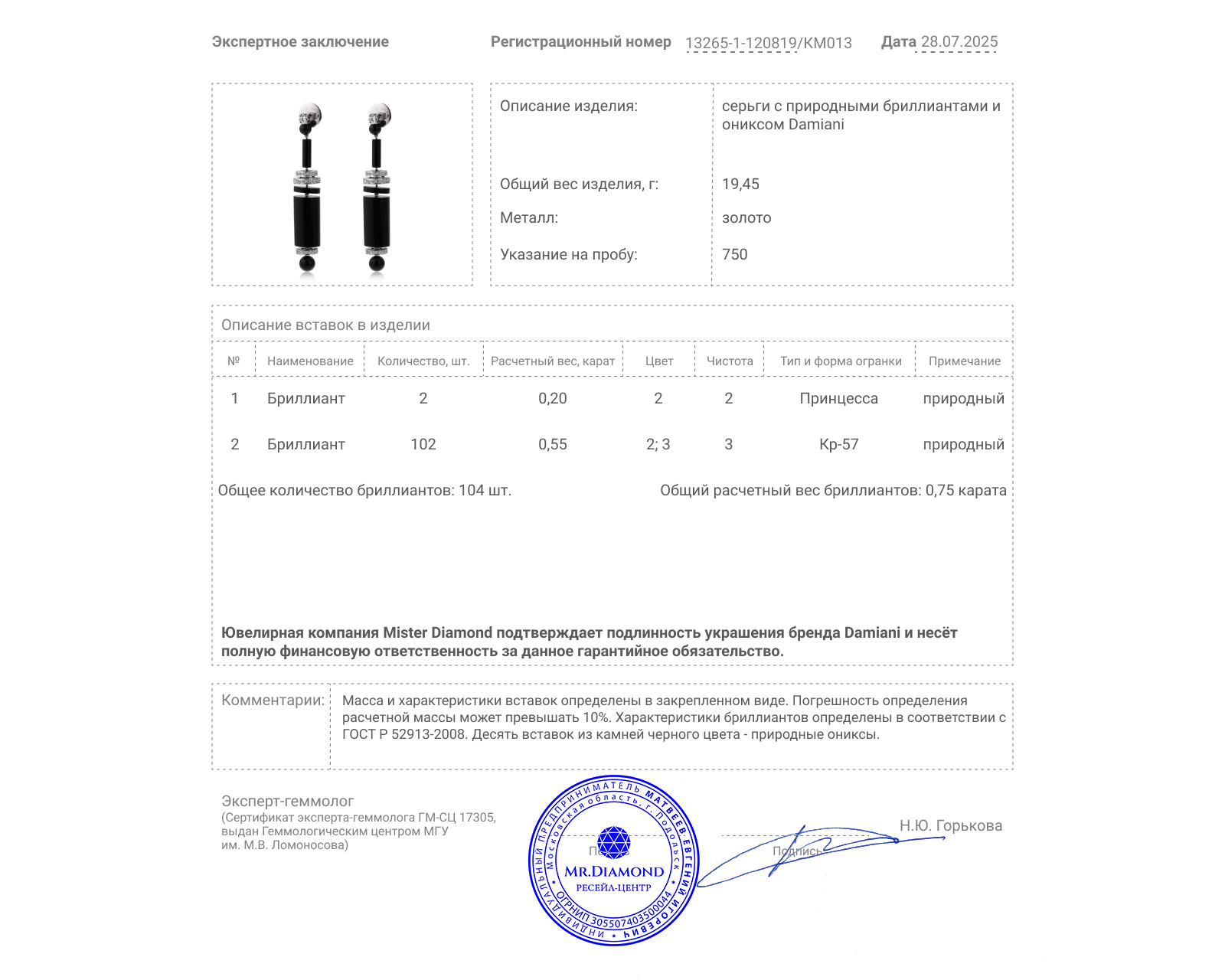 Оригинальные золотые серьги с ониксами Damiani