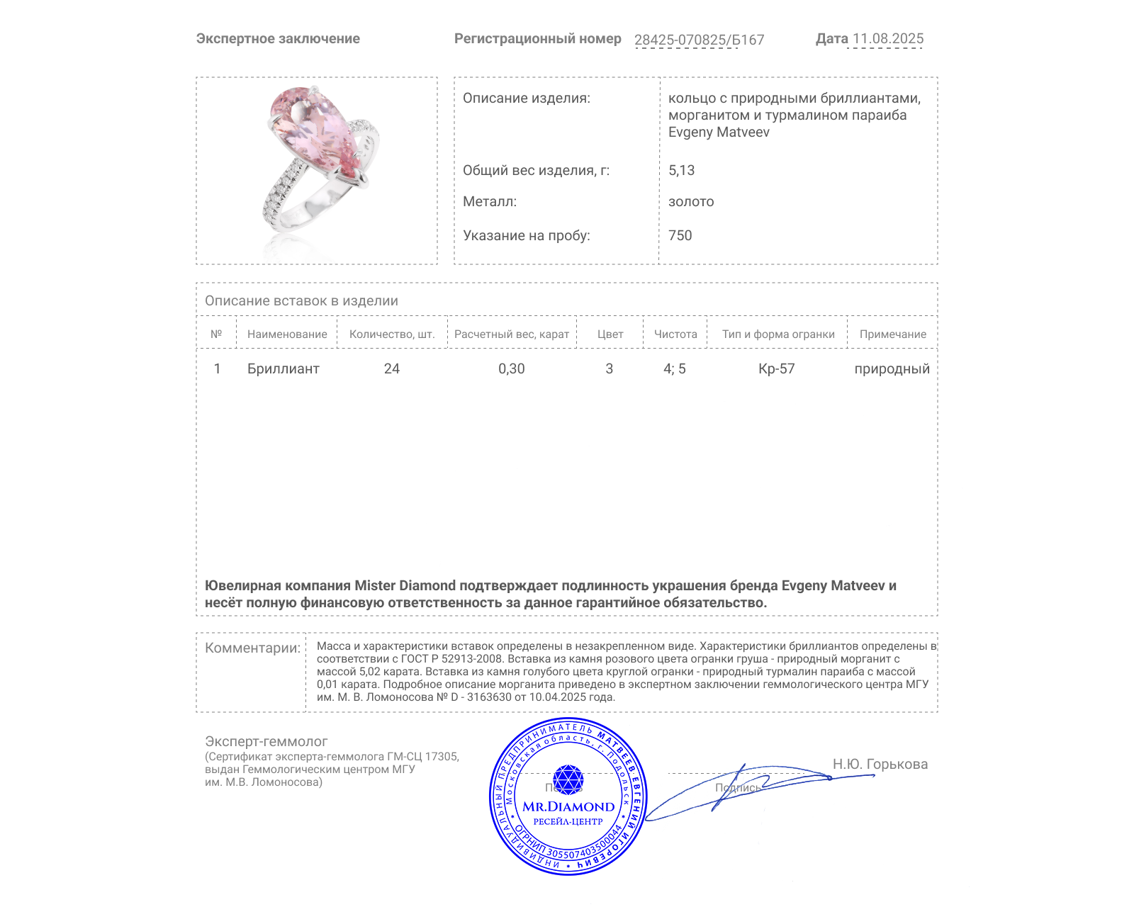 Золотое кольцо с морганитом 5.02ct Evgeny Matveev
