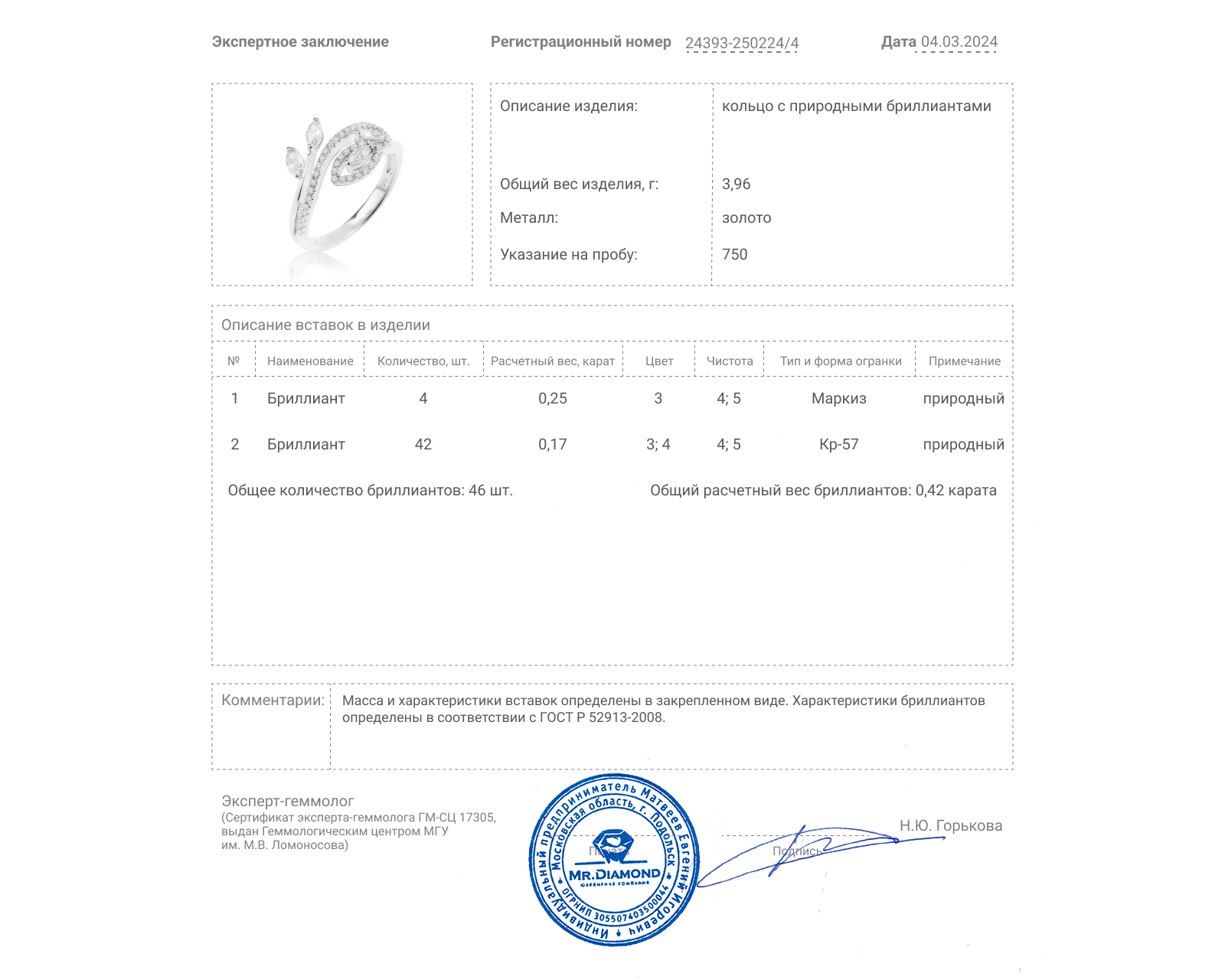 Золотое кольцо с бриллиантами 0.42ct