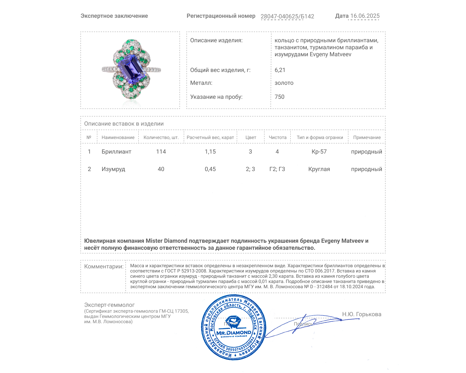 Золотое кольцо с танзанитом 2.30ct и бриллиантами 1.15ct Evgeny Matveev